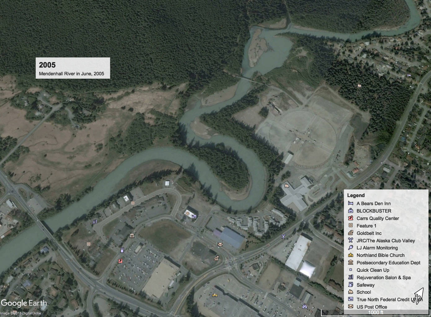 The Mendenhall River near Brotherhood Bridge Trail as seen in June, 2005 in satellite imagery. Water has broken through the narrow bit of land seperating each arm of the riverbend pictured at center, changing how erosion works in the area. (Google Earth)