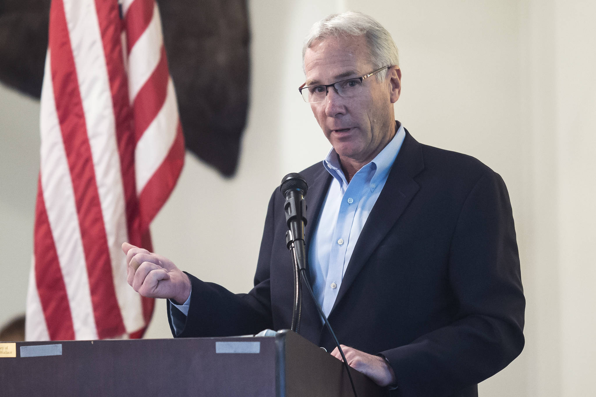 Scott Jepsen, Vice President of External Affairs & Transportation for ConocoPhillips, speaks to the Juneau Chamber of Commerce during its luncheon at the Moose Lodge on Thursday, Oct. 18, 2018. (Michael Penn | Juneau Empire)