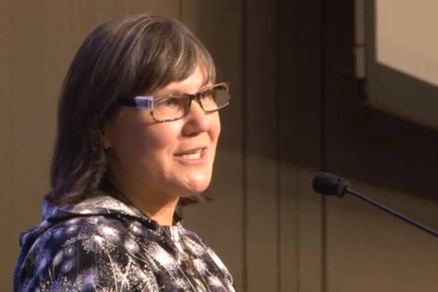 New Alaska Lt. Gov. Valerie Nurr’araaluk Davidson delivers the keynote address at the 2018 Alaska Federation of Natives conference in Anchorage on Thursday, Oct. 18, 2018 in this still image taken from a video stream provided by AFN. (Screenshot)