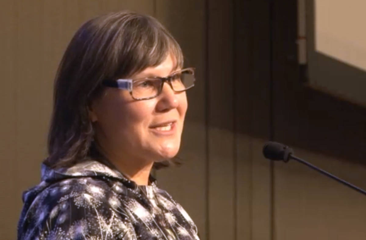 New Alaska Lt. Gov. Valerie Nurr’araaluk Davidson delivers the keynote address at the 2018 Alaska Federation of Natives conference in Anchorage on Thursday, Oct. 18, 2018 in this still image taken from a video stream provided by AFN. (Screenshot)                                 New Alaska Lt. Gov. Valerie Nurr’araaluk Davidson delivers the keynote address at the 2018 Alaska Federation of Natives conference in Anchorage on Thursday, Oct. 18, 2018 in this still image taken from a video stream provided by AFN. (Screenshot)