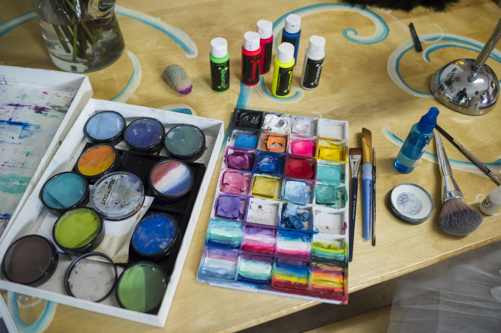 Jessie Snyder’s kit of supplies for face painting at her Mendenhall Valley home on Thursday, Oct. 18, 2018. (Michael Penn | Juneau Empire)