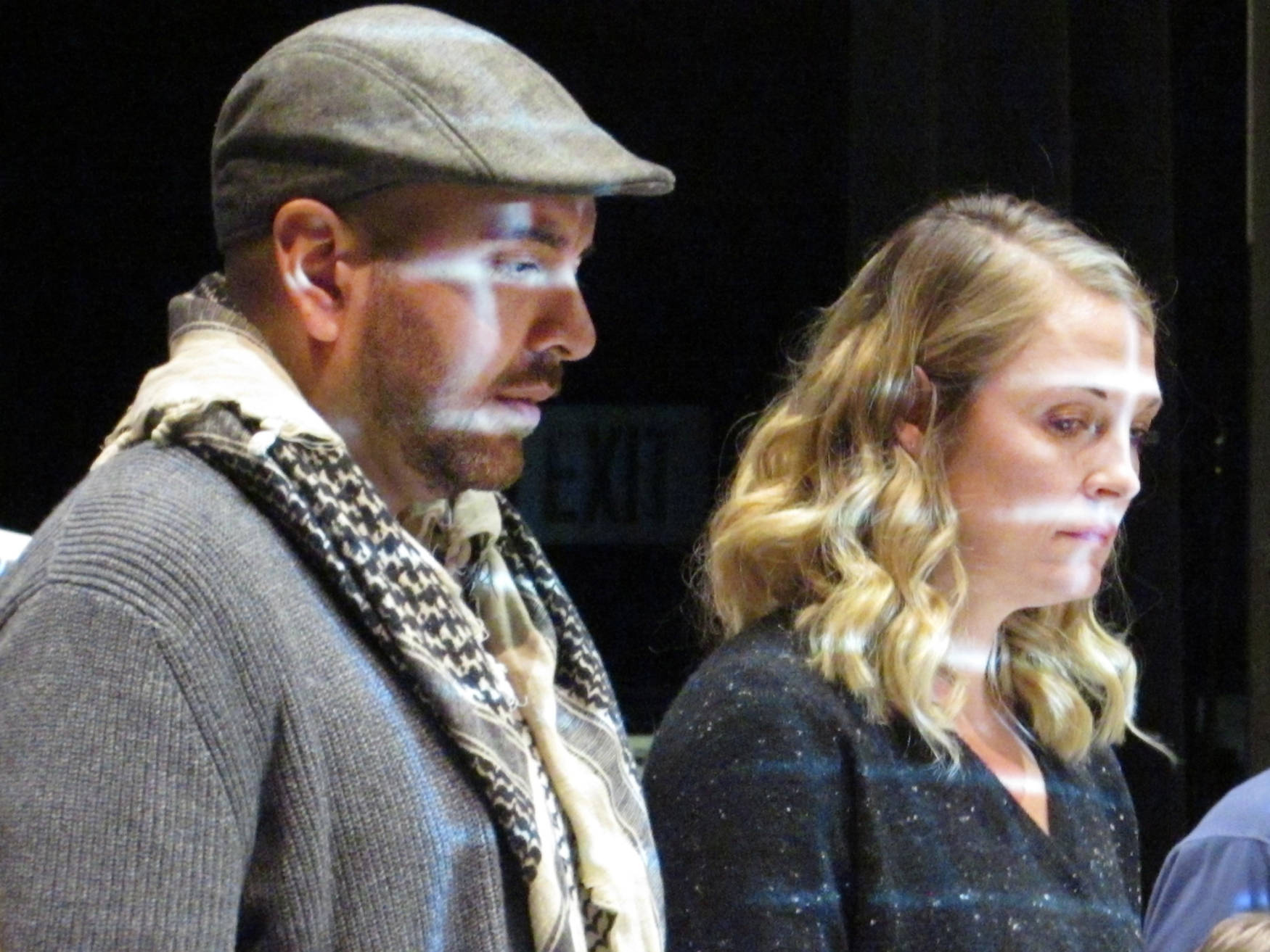 José Rubio and Gin Anderson wear mournful expressions during rehearsal for “The Princess Sophia” opera. Rubio and Anderson will portray Walter and Frances Harper, who were among the more than 350 who perished in the sinking of the Princess Sophia. The Harpers are buried in Juneau. (Ben Hohenstatt | Capital City Weekly)