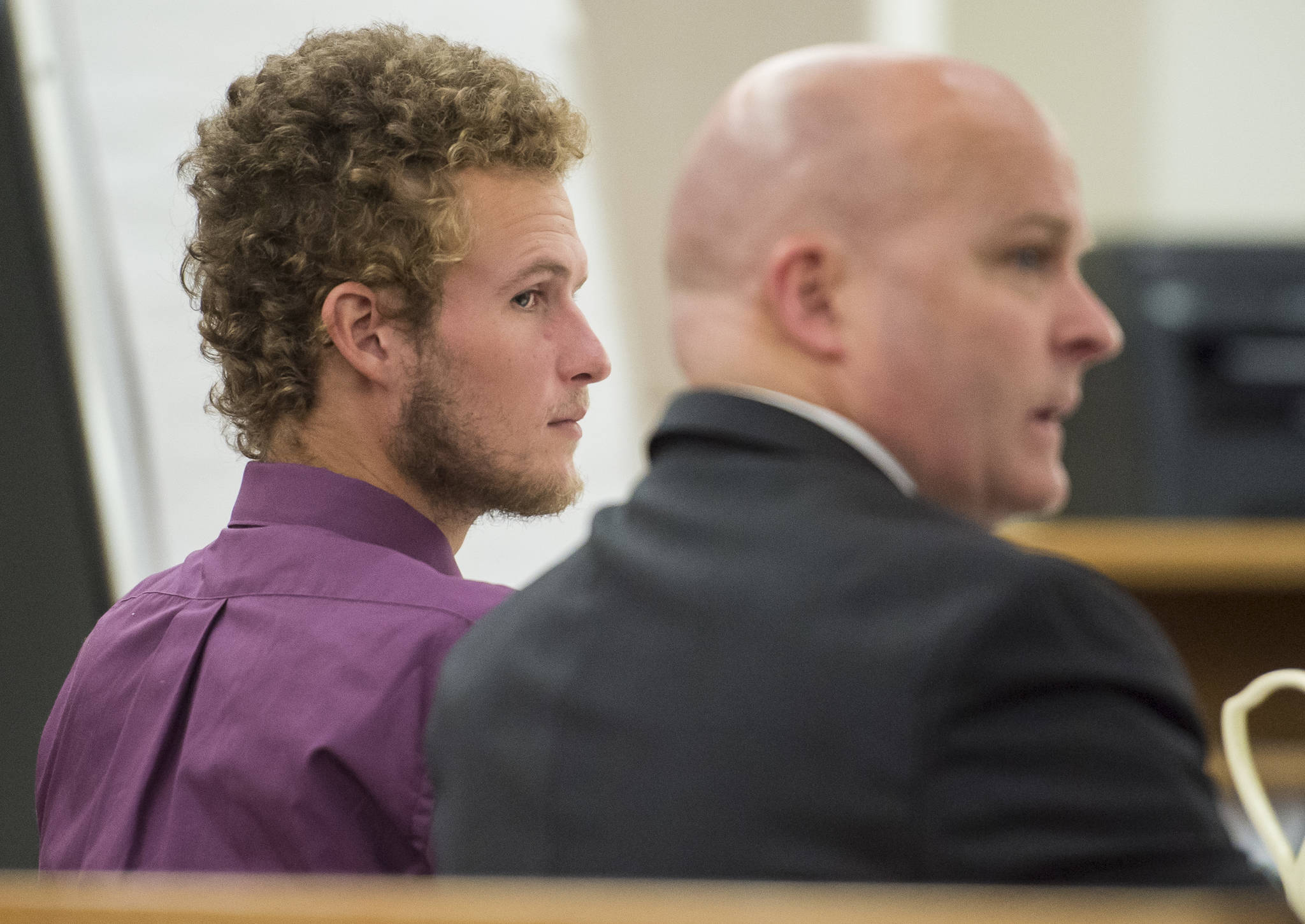 Ty Grussendorf, 24, left, appears in Juneau Superior Court with his attorney, John P. Cashion, to plead guilty to two counts of sexual abuse of a minor on Monday, Oct. 22, 2018. (Michael Penn | Juneau Empire)