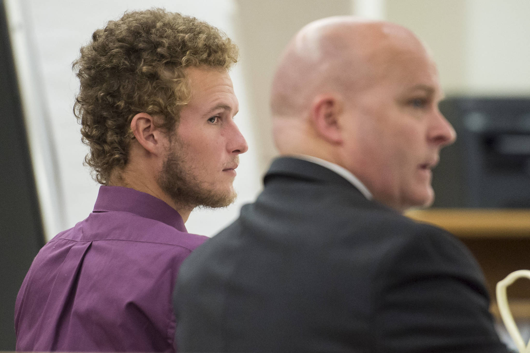 Ty Grussendorf, 24, left, appears in Juneau Superior Court with his attorney, John P. Cashion, to plead guilty to two counts of sexual abuse of a minor on Monday, Oct. 22, 2018. (Michael Penn | Juneau Empire)