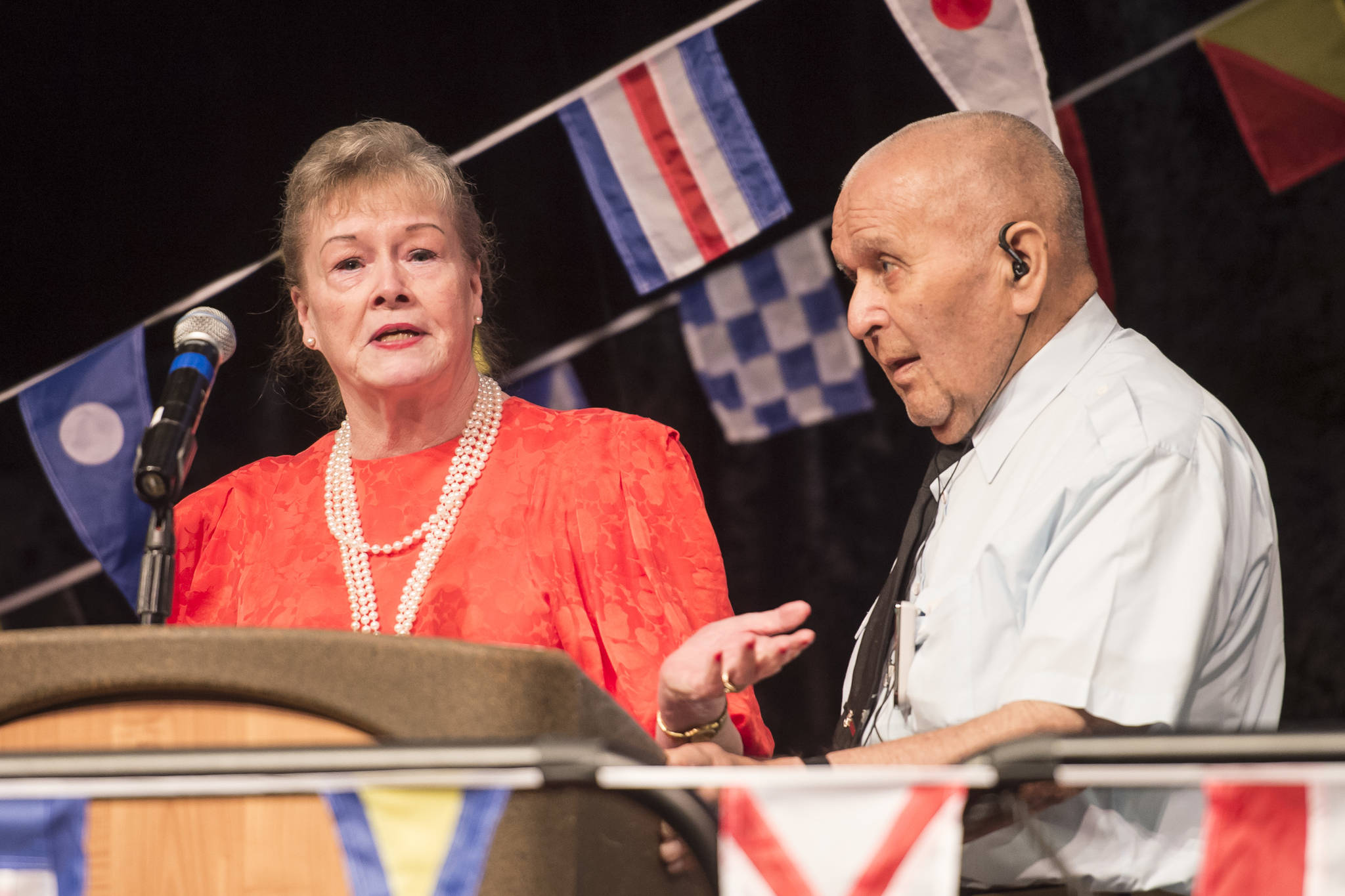 Jean and Steve Sztuk speak after being given the 2018 Chamber of Commerce Lifetime Achievement award during the Chamber’s annual dinner at Centennial Hall on Saturday, Oct. 13, 2018. (Michael Penn | Juneau Empire)