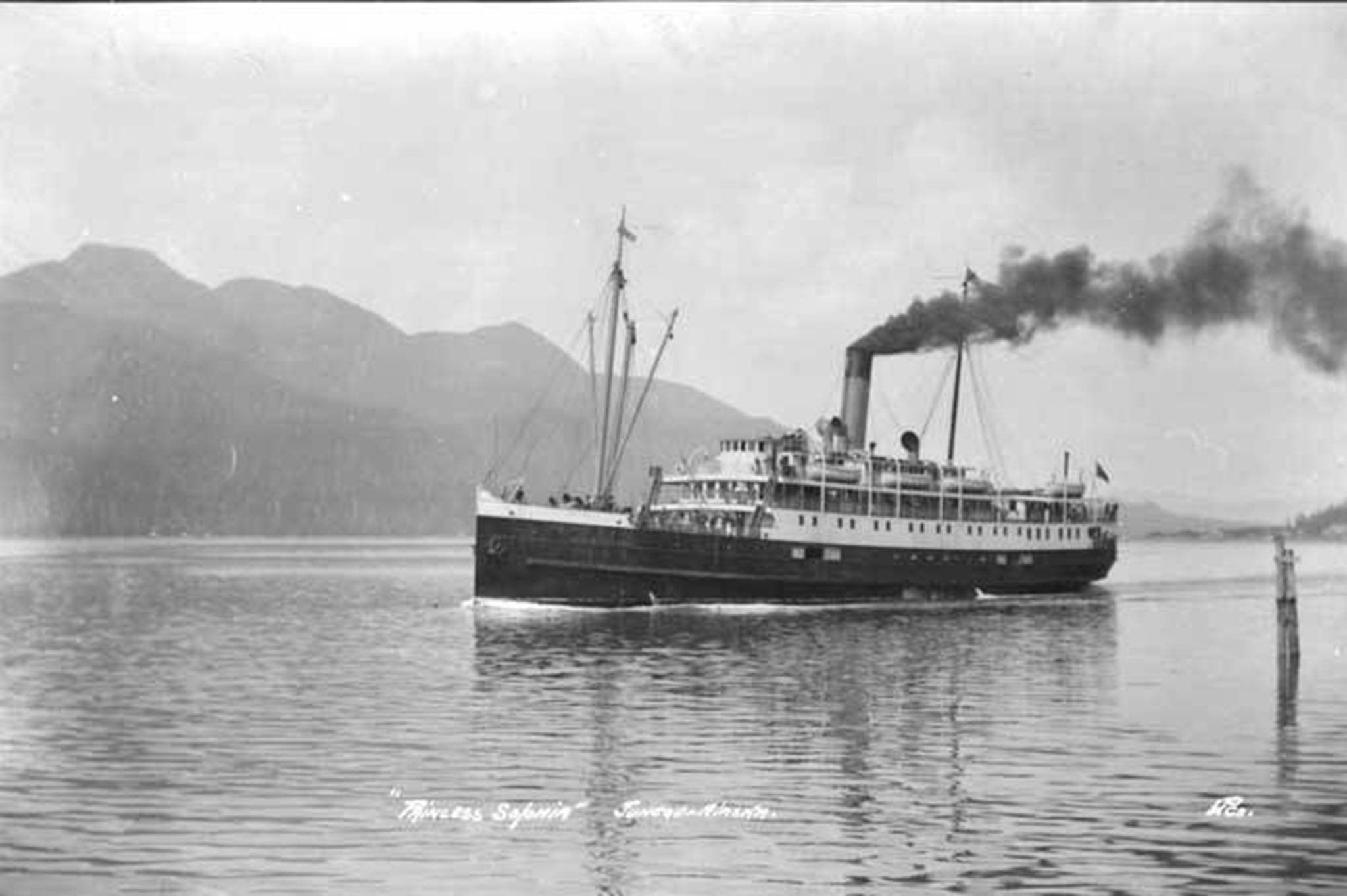 A view of the Princess Sophia’s port side, The ship, which was bound for Seattle, struck Vanderbilt Reef because of a confluence of conditions, including a late train and poor visibility. The ship sunk Oct. 25 1918. (Alaska State Library-Historical Collections, ASL-P87-1699)