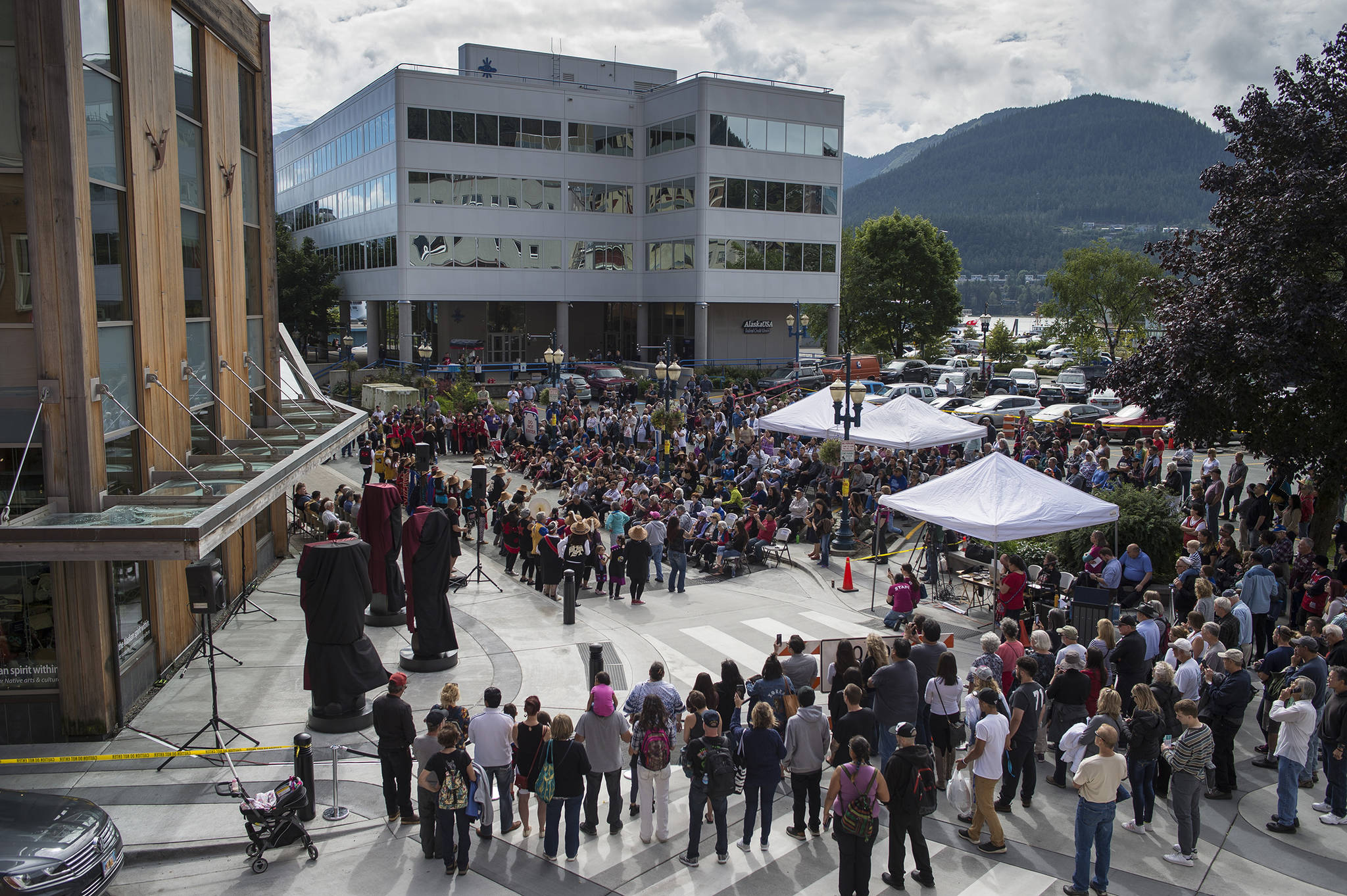 Sealaska Plaza and the Sealaska Heritage Institute are seen during a dedication ceremony Sunday, Aug. 26, 2018. Sealaska Corp., the regional Native Corporation for Southeast Alaska, says it is not making an endorsement in the new-look governors race. (Michael Penn | Juneau Empire File)