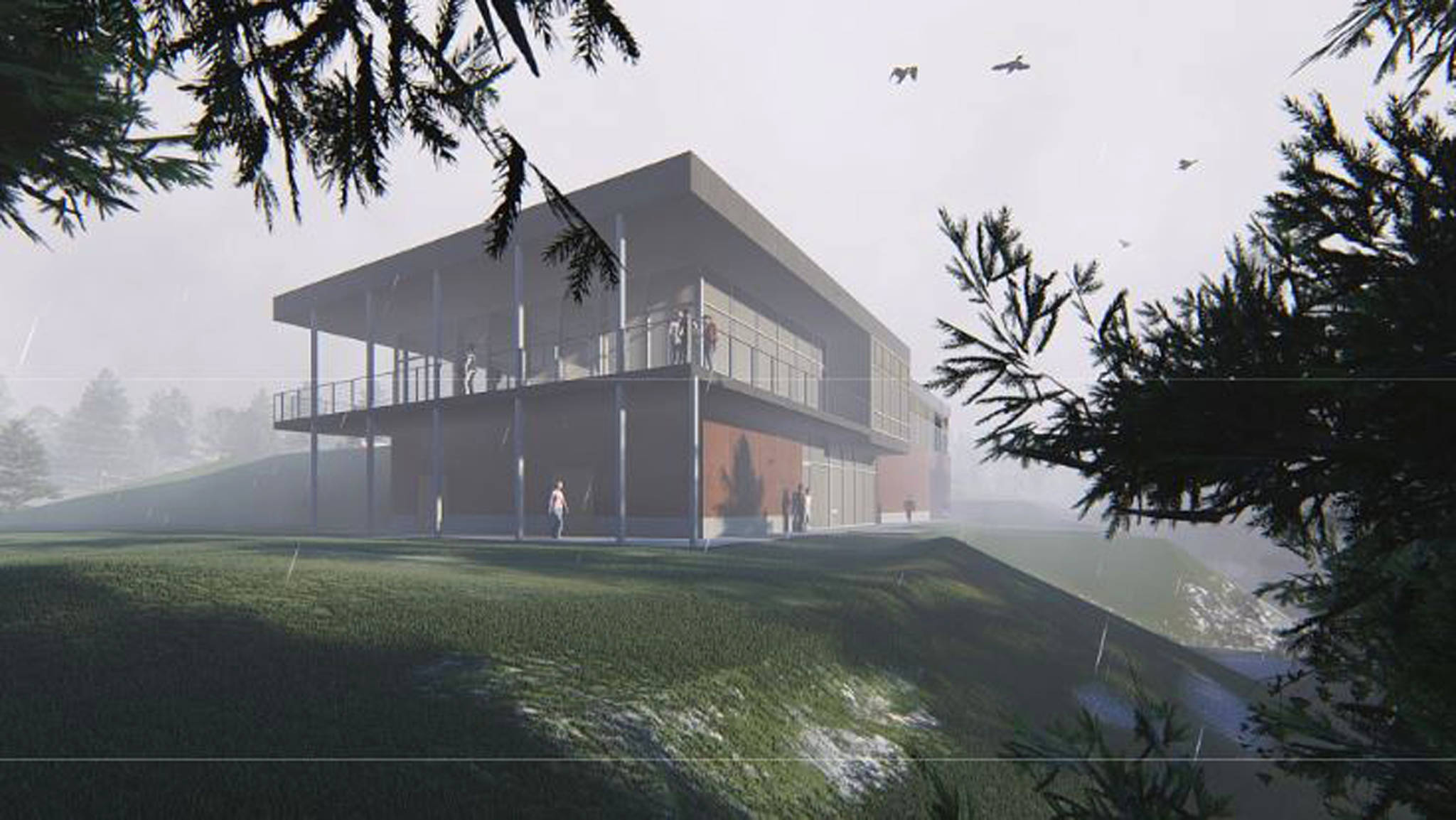This rendering shows what the University of Alaska Southeast’s Auke Bay Marine Station will look like. The building is pictured on a typical Juneau day. (Courtesy Photo | Northwind Architects LLC)