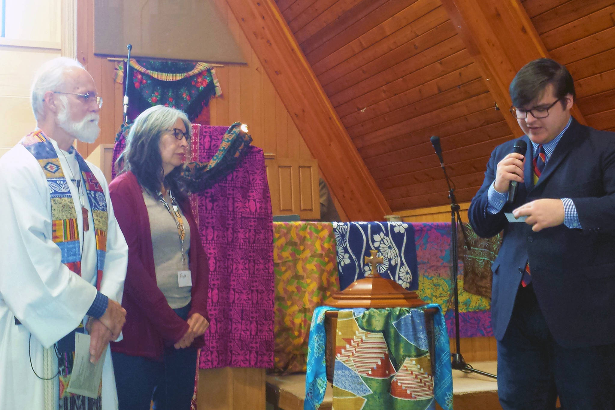 ANS President Kevin Allen, on behalf of Glacier Valley Camp 70, presents Pastor Phil Campbell a check for $14,500 for the Northern Light United Church elevator replacement fund. NLUC Moderator and ANS Sister Freda Westman organized the presentation. (Courtesy Photo | Lillian Petershoare)