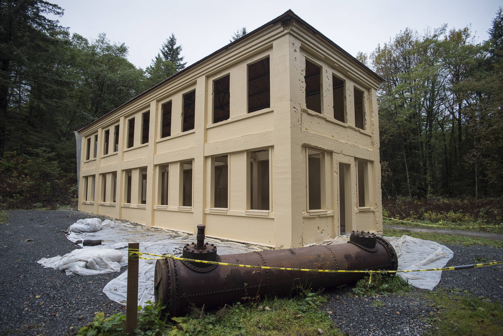 The New Office Building at the Treadwell Mine Historic Area, shown on Thursday, Oct. 11, 2018, has received a new metal roof and a fresh coat of paint inside and out. (Michael Penn | Juneau Empire)