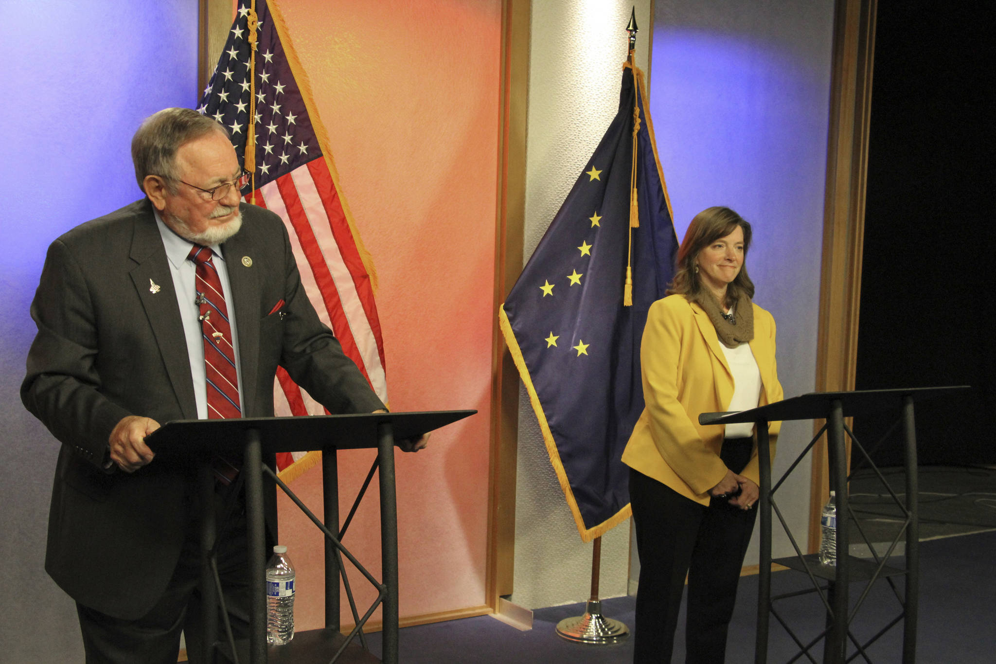 U.S. Rep. Don Young, left, and Alyse Galvin are shown prior to a debate Friday, Oct. 26, 2018, in Anchorage, Alaska. Galvin, an independent who won the Alaska Democratic primary, is challenging Young, a Republican who is the longest serving member of the House. (Mark Thiessen | Associated Press)