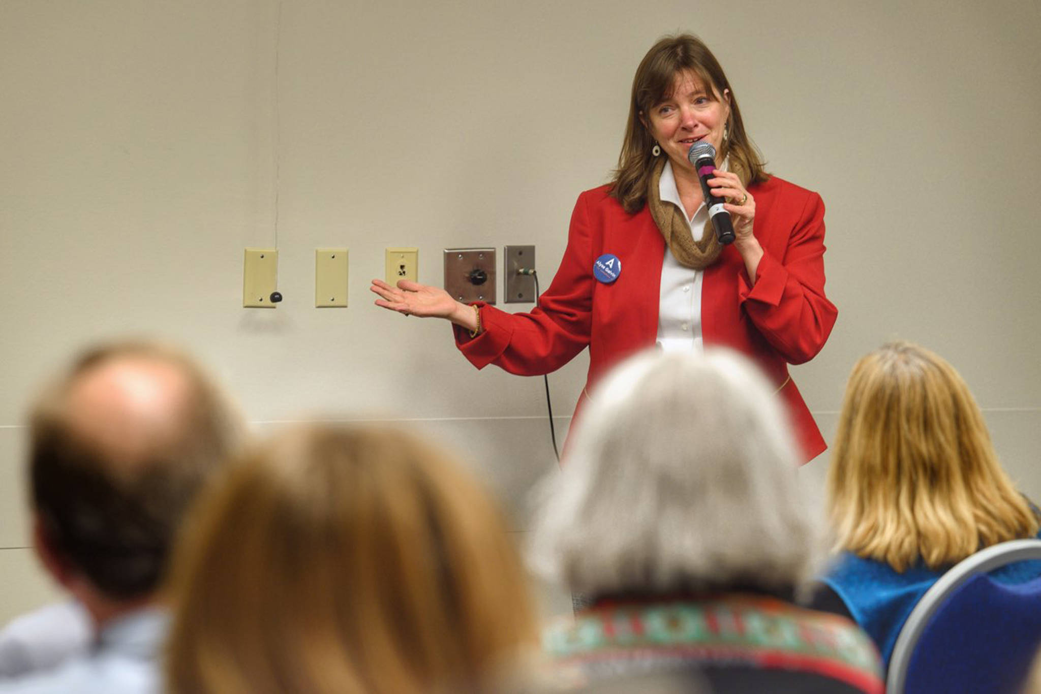 Alyse Galvin, Alaska’s independent candidate for U.S. House of Representatives, holds a town hall-style meeting to an overflowing room at Centennial Hall on Sunday, Oct. 21, 2018. (Michael Penn | Juneau Empire)