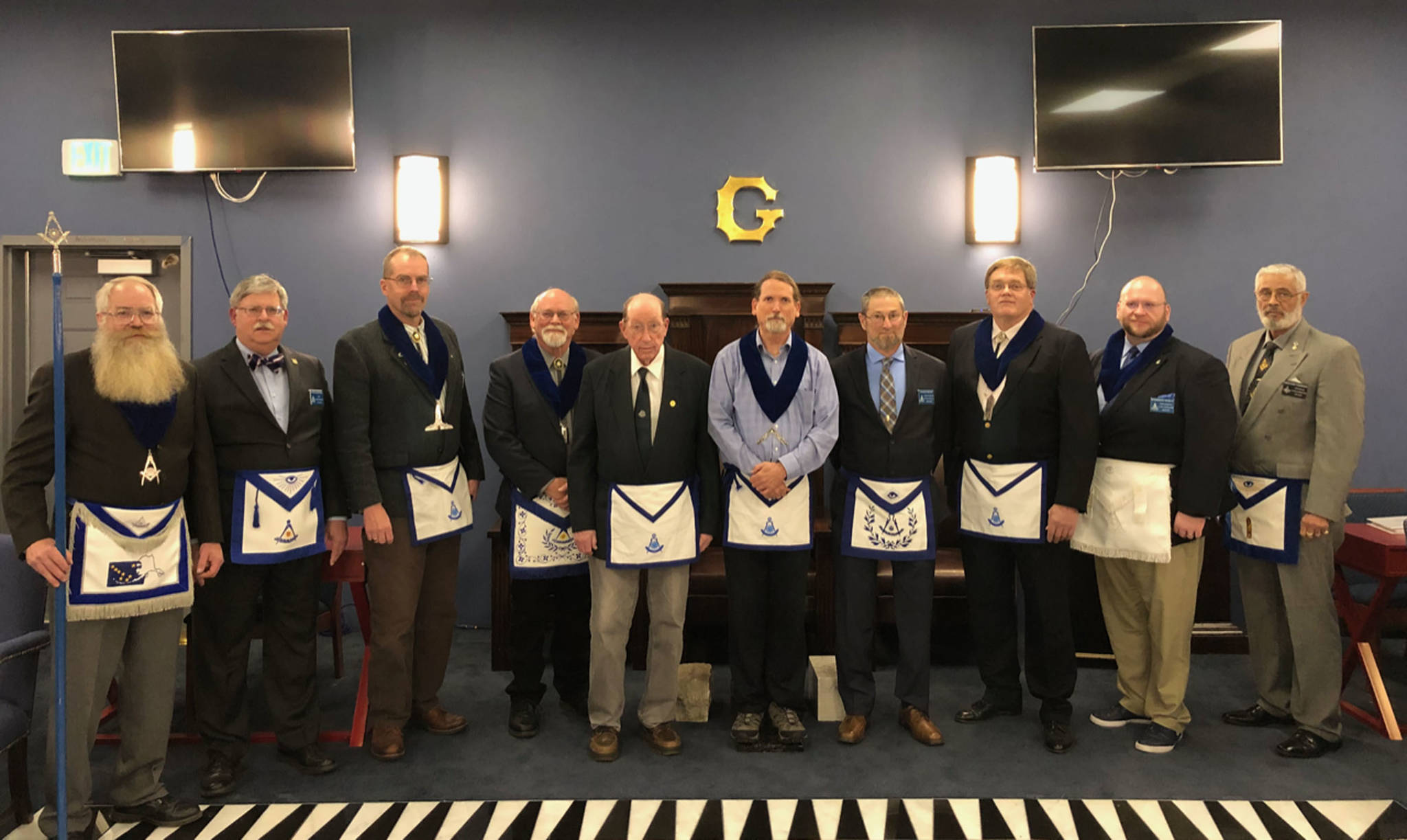 Pictured from left: Ray Rusaw, Allen Bell, Jeff DeFreest, John Barnett, Harley Clough, Dan McCrummen, Bruce Morley, Russ Shivers, Charles Ward and Mer’chant Thompson. Rusaw, DeFreest, Barnett, Clough, McCrummen, Morley, Shivers and Ward are Past Masters of Mt. Juneau-Gastineaux Lodge or one of its predecessor lodges - Mt. Juneau and Gastineaux.