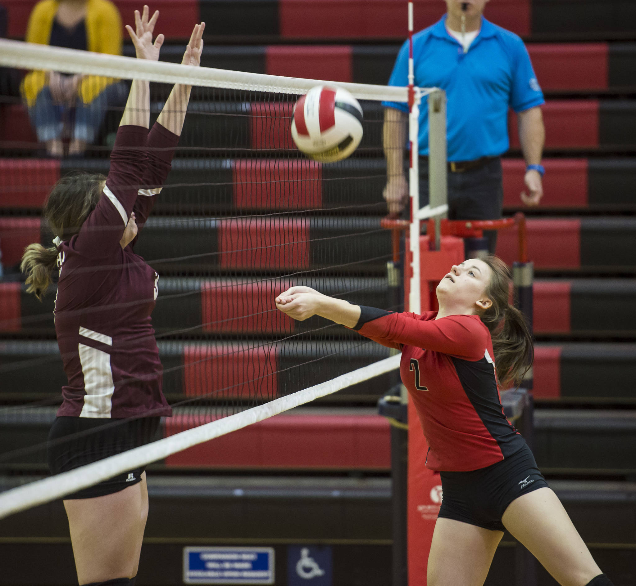 Juneau-Douglas’ Kiana Potter bumps the ball up againt Ketchikan in the first round of the Region V Volleyball Championships at JDHS on Friday, Nov. 2, 2018. JDHS won 3-0 (25-13, 25-16, 25-16). (Michael Penn | Juneau Empire)