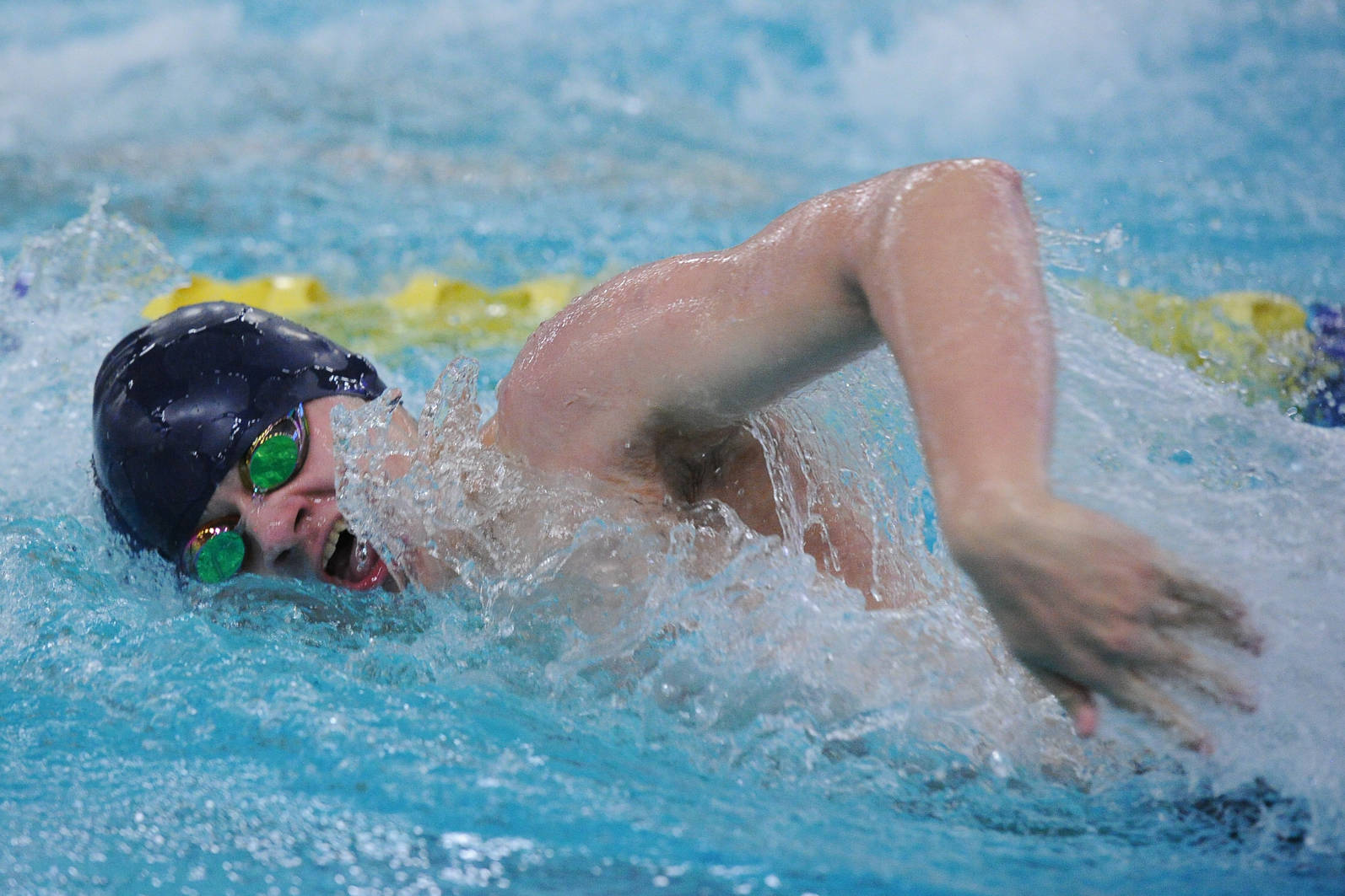 Thunder Mountain High School junior Micah Grigg swims in the 200-yard freestyle at the ASAA/First National Bank Alaska State Swim and Dive Championships on Saturday, Nov. 3, 2018. He finished in fifth place with a time of 1:50:13. (Michael Dinneen | For the Juneau Empire)