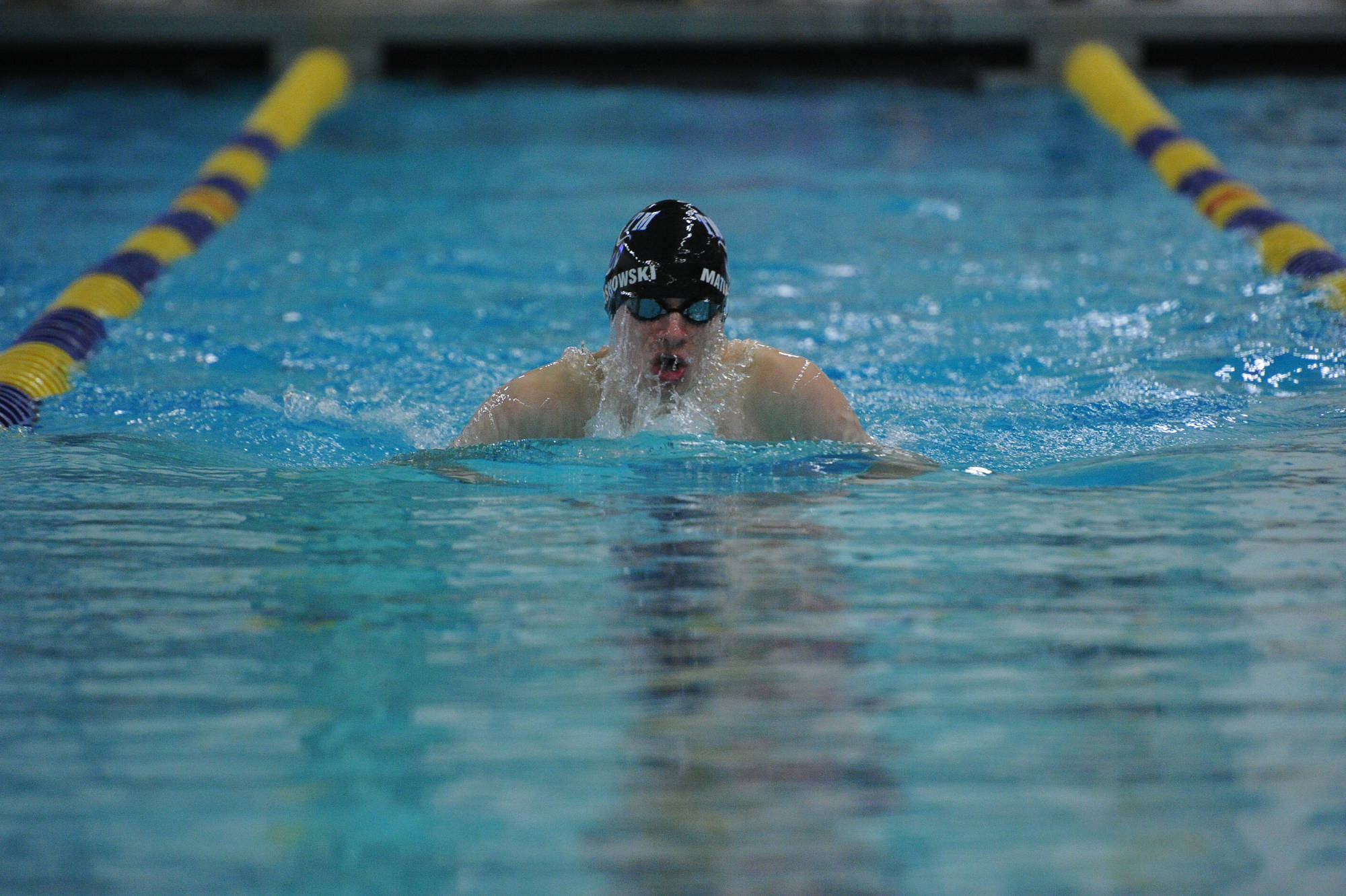 Thunder Mountain High School senior Raymie Matiashowski swims in the finals of the 100-yard breaststroke at the ASAA/First National Bank Alaska State Swim and Dive Championships on Saturday, Nov. 3, 2018. He finished in fifth place with a time of 1:01.64. (Michael Dinneen | For the Juneau Empire)