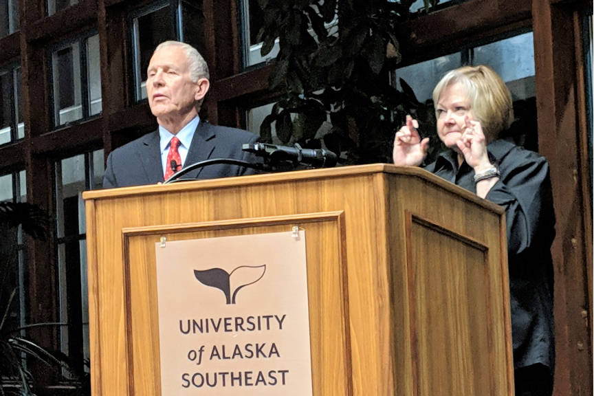 Dennis and Judy Shepard spoke often about the importance of voting during their evening keynote address at the University of Alaska Southeast Power & Privilege Symposium. Judy Shepard crossed her fingers for luck. “Today is a new day,” she said. (Ben Hohenstatt | Capital City Weekly)