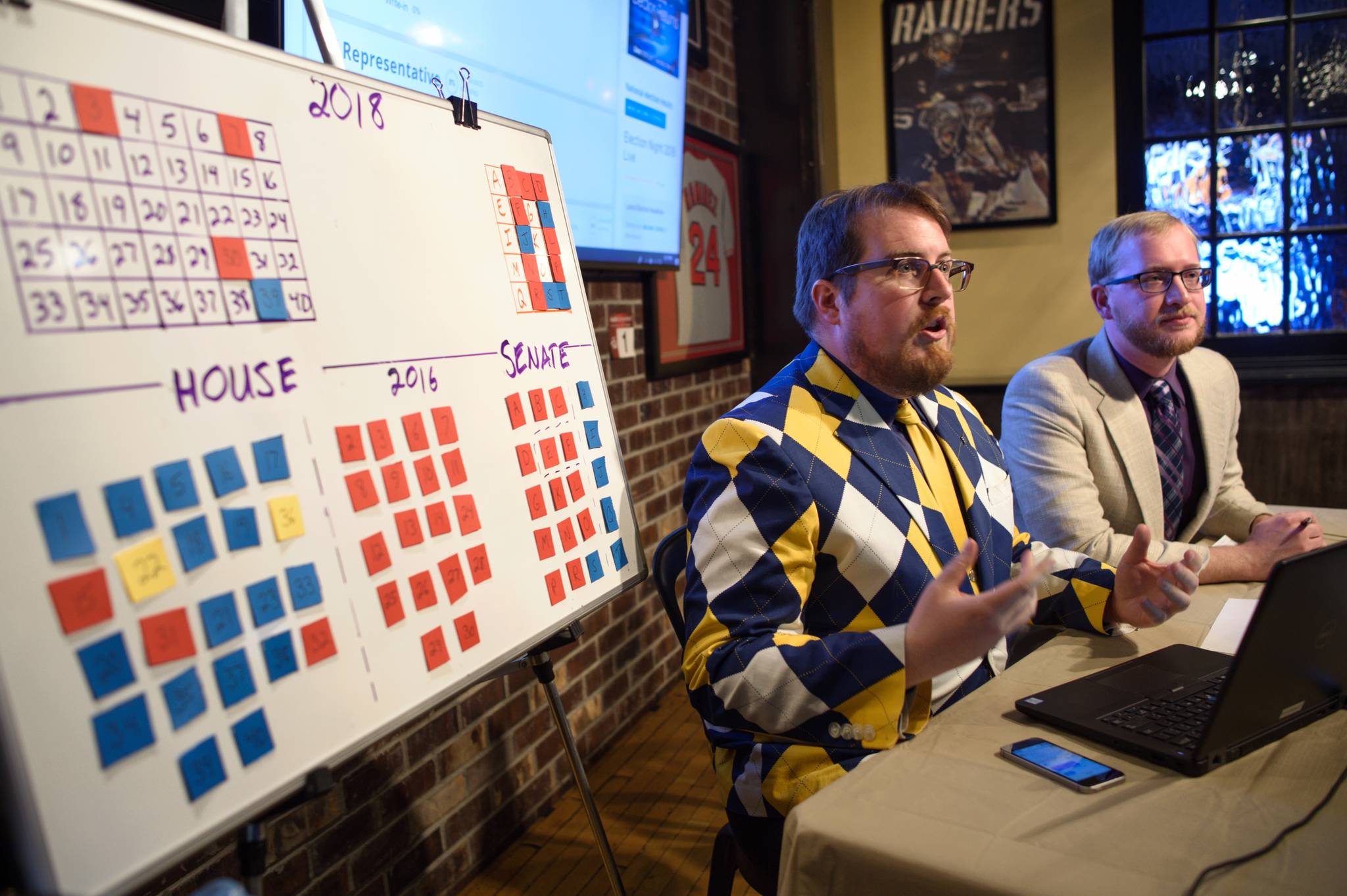 Empire reporters James Brooks and Alex McCarthy provide commentary at Election Central at McGivney’s in downtown Juneau, Alaska on Nov. 6, 2018. (Michael Penn | Juneau Empire)