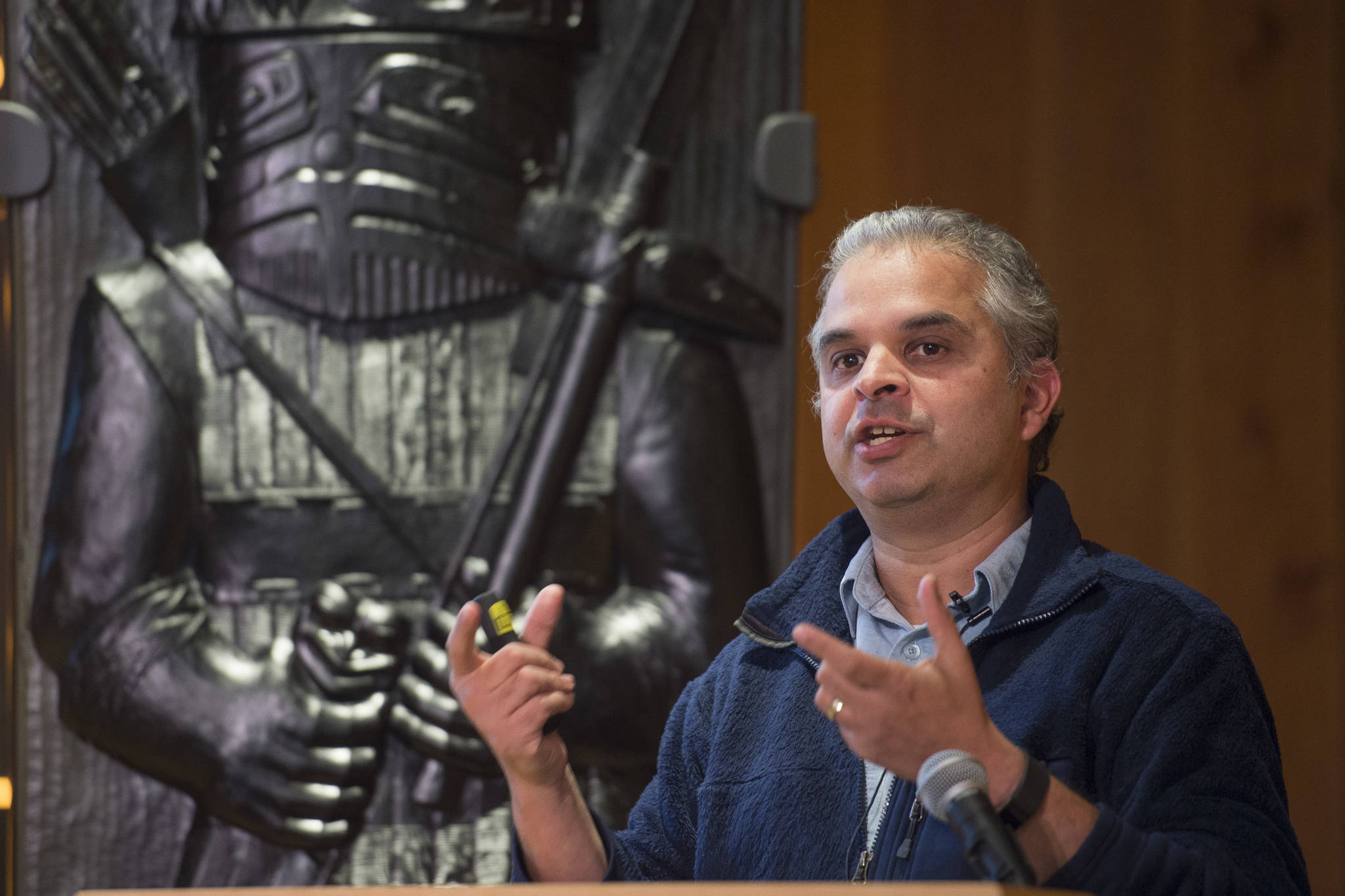Ripan S. Malhi, Ph.D., speaks at the Walter Soboleff Center on Thursday, Nov. 8, 2018. Malhi is a Richard and Margaret Romano Professor at the University of Illinois at Urbana-Champaign with affiliations in anthropology, the School of Integrative Biology, and the Carl R. Woese Institute for Genomic Biology. The lecture is part of Sealaska Heritage Institute’s events in recognition of Native American Heritage Month. (Michael Penn | Juneau Empire)