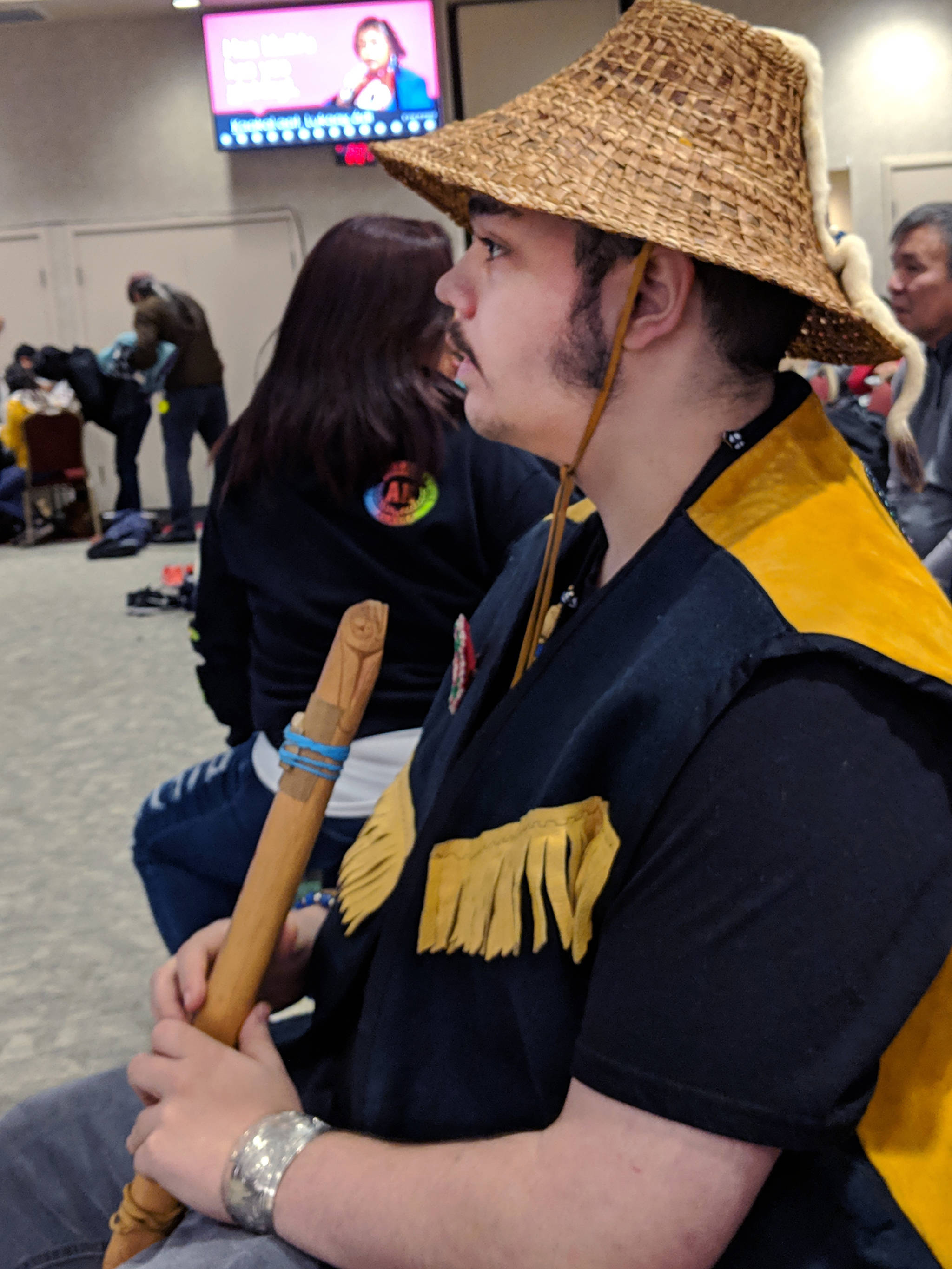 Damen Christiansen played an instrument he completed at Rock Your Mocs, a celebration of Alaska Native culture held Saturday at Elizabeth Peratrovich Hall. Music, dance, food and multiple Native languages were part of the celebration.(Ben Hohenstatt | Capital City Weekly)