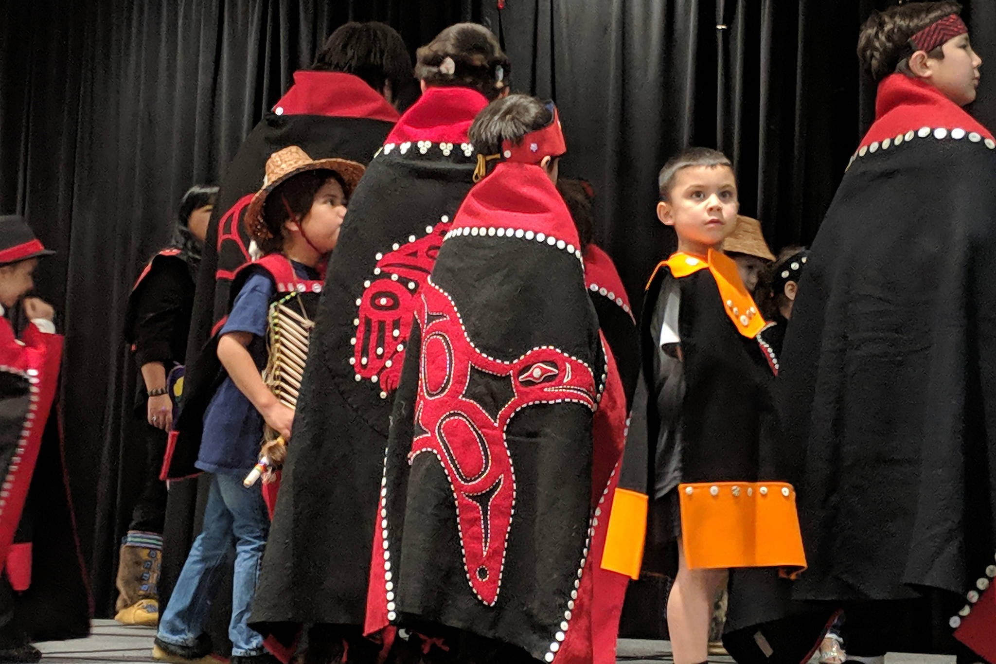 The Children of All Nations Dance Group performs during Rock Your Mocs Saturday, Nov. 10 at the Elizabeth Peratrovich Hall. The first-ever event celebrated Alaska Native culture. (Ben Hohenstatt | Capital City Weekly)