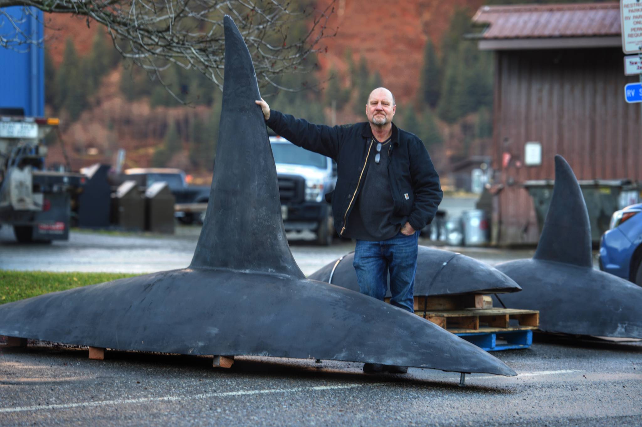 Palmer artist John Coyne stands near “The Pod,” a sculpture of three orcas’ backs and dorsal fins that will be placed in front of the Douglas Fish & Game Building on Thursday, Nov. 18, 2018. The artwork was paid for by the requirement that 1 percent of the cost of a public building must be spent on art. (Michael Penn | Juneau Empire)