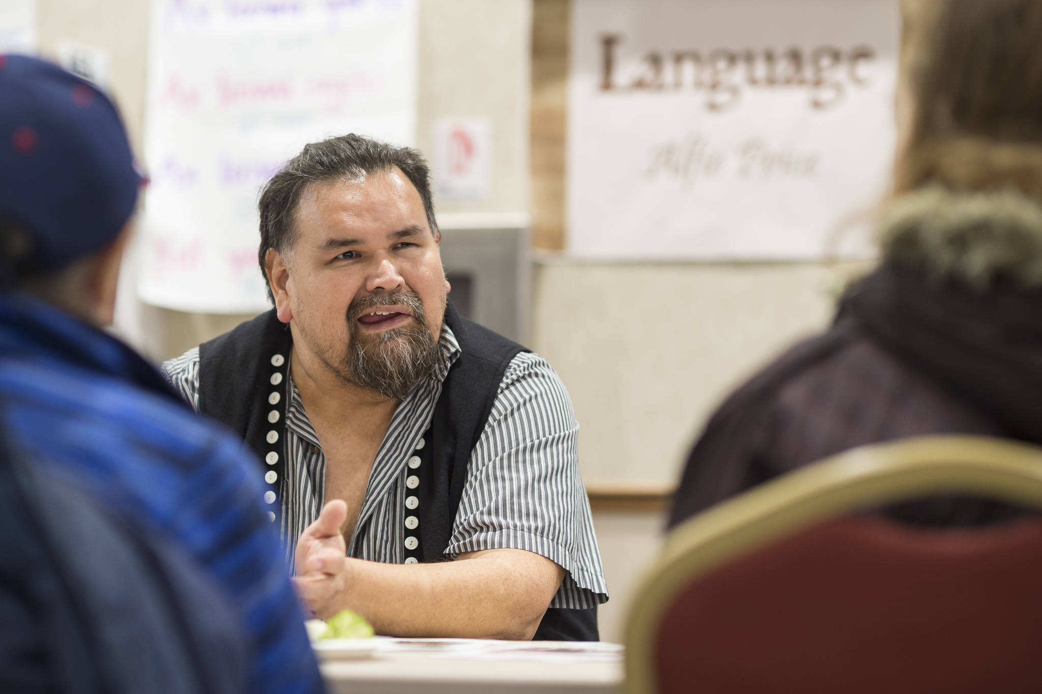 Alfie Price discusses Native languages at Celebrating Our Ways of Life for Native American Heritage Month at the Elizabeth Peratrovich Hall on Friday, Nov. 16, 2018. (Michael Penn | Juneau Empire)