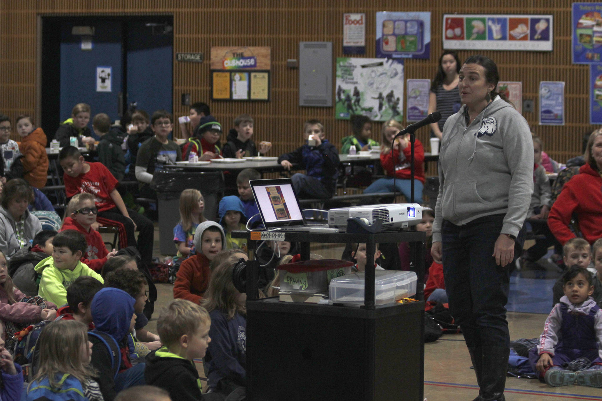 Mendenhall River Community School Principal Kristy Dillingham tells students about new playground equipment at an assembly at the school on Friday, Nov. 16, 2018. (Alex McCarthy | Juneau Empire)