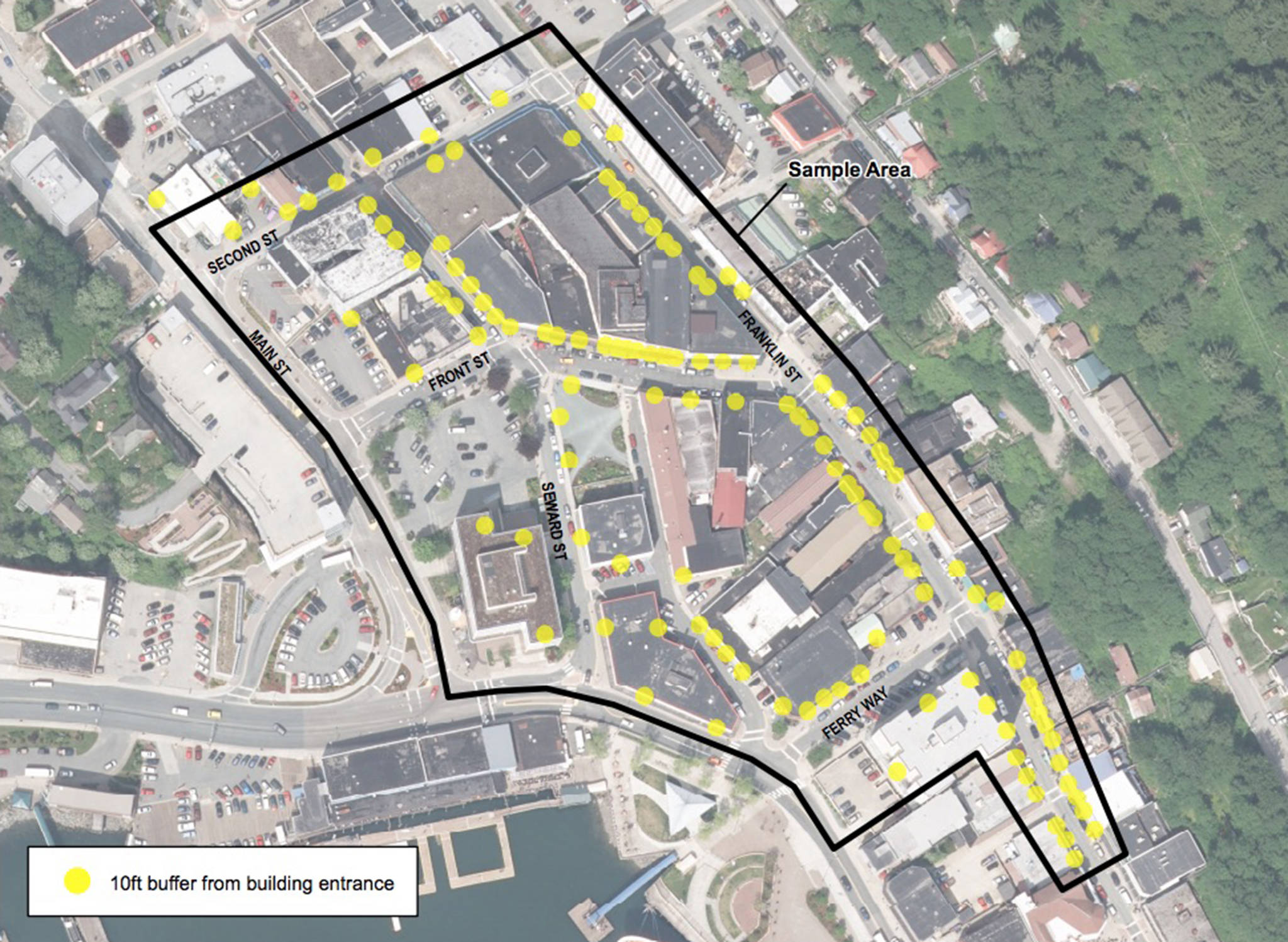 This conceptual map from the City and Borough of Juneau shows where people can currently smoke in downtown Juneau. The yellow circles indicate where people cannot smoke. (Courtesy Photo | City and Borough of Juneau)