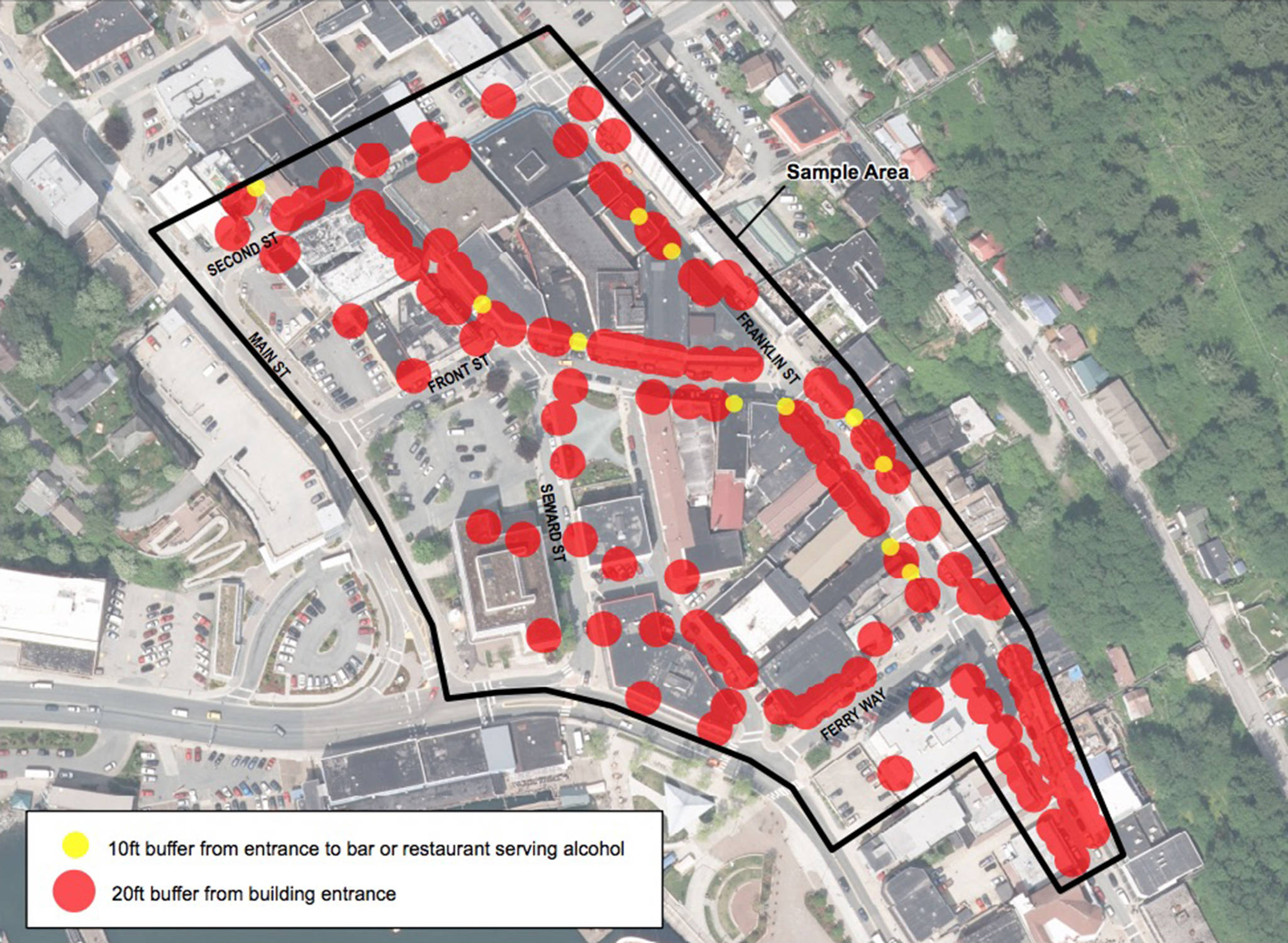 This conceptual map from the City and Borough of Juneau shows where people would be able to smoke if the city conforms to a new state smoking law. The red circles indicate where people would not be allowed to smoke. (Courtesy Photo | City and Borough of Juneau)