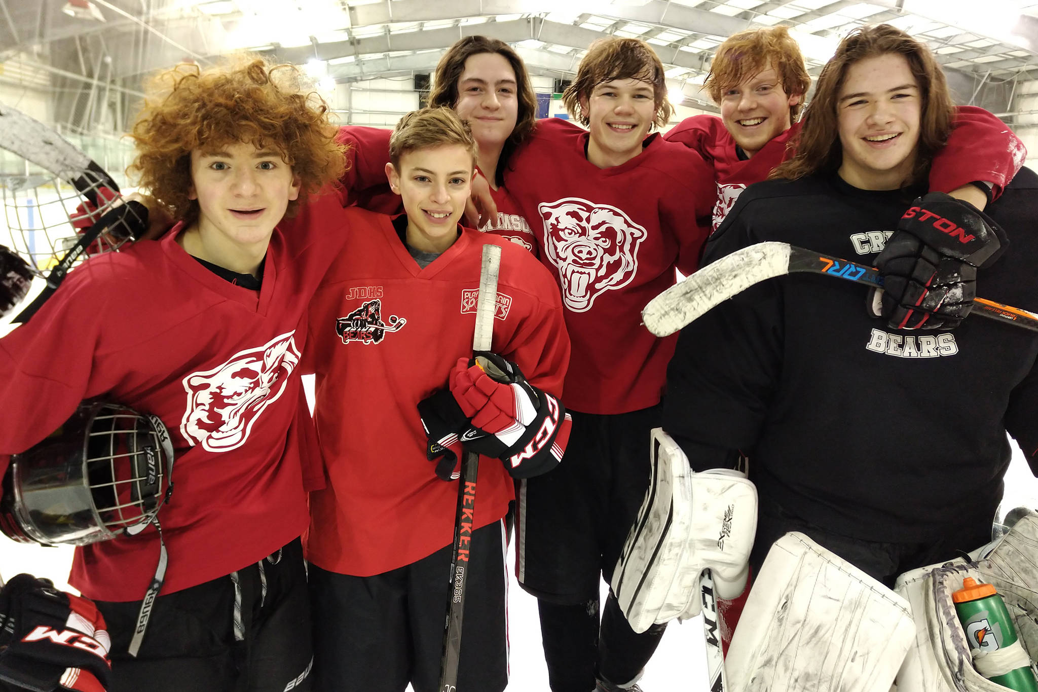 The Juneau-Douglas High School hockey team crowned “Team Russia” (Zac Stagg, Fin Shibler, Chance Turinsky, Dalton Hoy, Owen Squires, Dawson Hickok) as the eighth annual Turkey Day 3-on-3 champions on Wednesday morning. The intersquad tournament pits six teams against one another and awards the winners with a dozen Breeze Inn donuts. (Courtesy Photo | Luke Adams)