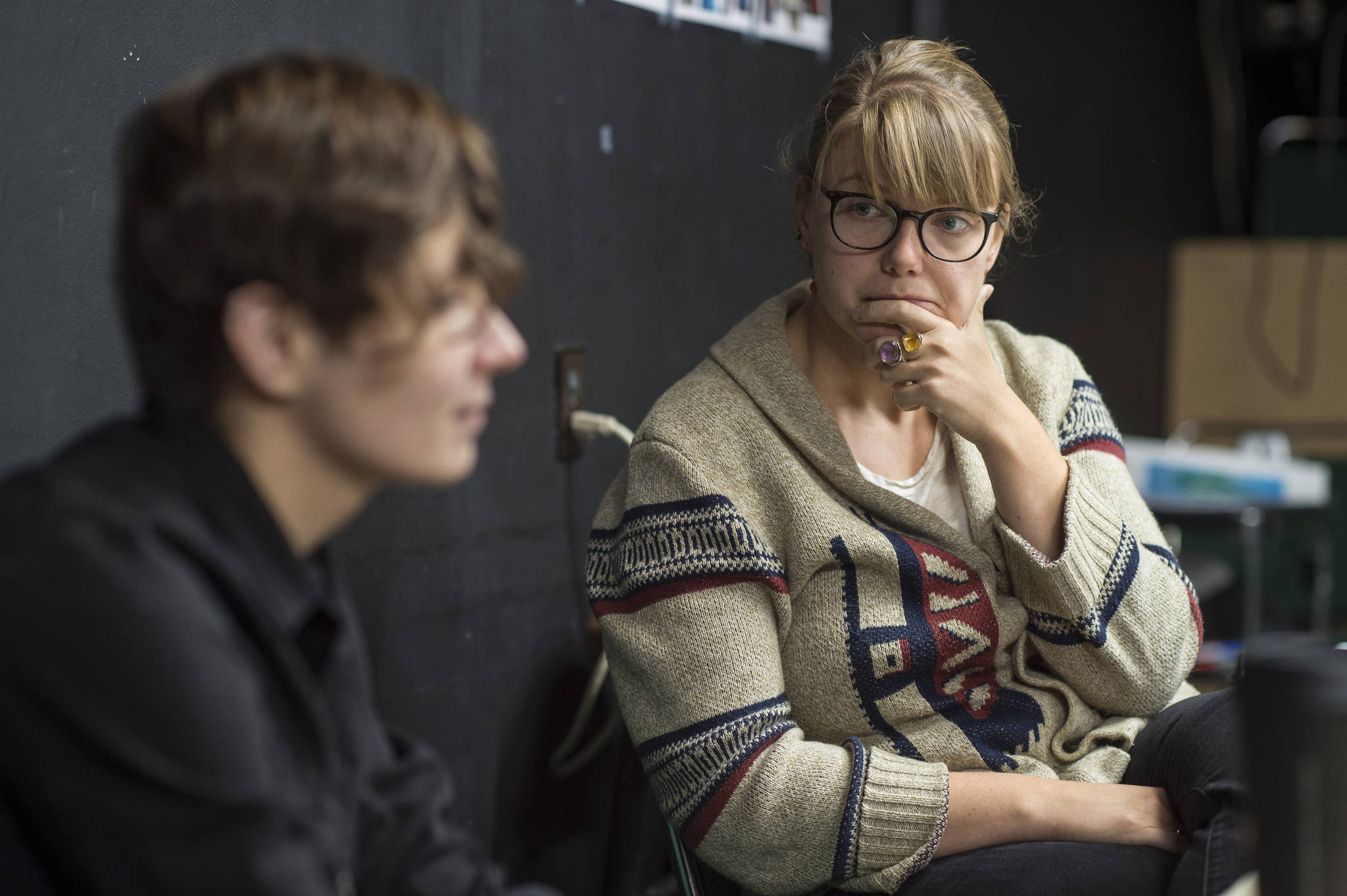 Director Hannah Wolf, right, listens to Samantha Noble, a Boston playwright, talk about the making of Perseverance Theatre’s world-premiere production of Franklin, on Wednesday, Nov. 21, 2018. (Michael Penn | Juneau Empire)