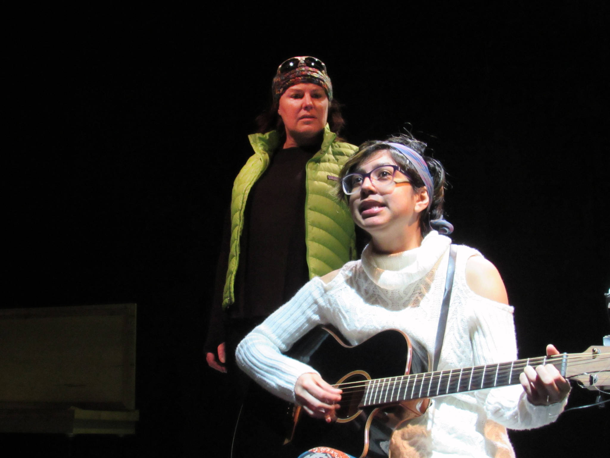 Caroline, portrayed by Victoria Bundonis, isn’t happy when songwriter Kira, portrayed by Michaela Escarcega, secures funding to travel on board a research vessel during rehearsals for “Franklin” at Perseverance Theatre, Sunday, Nov. 25. (Ben Hohenstatt | Capital City Weekly)
