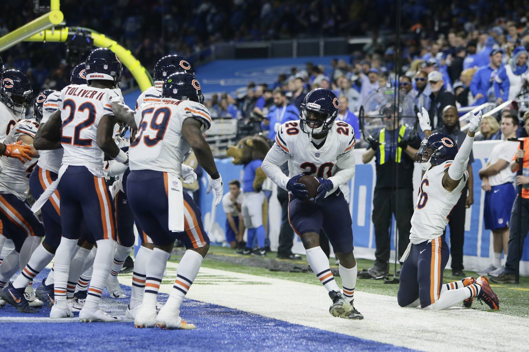 The Chicago Bears celebrate after cornerback Kyle Fuller intercepted a pass in the end zone intended for Detroit Lions tight end Michael Roberts during the second half of their game on Thursday, Nov. 22, 2018, in Detroit. (Duane Burleson | Associated Press)