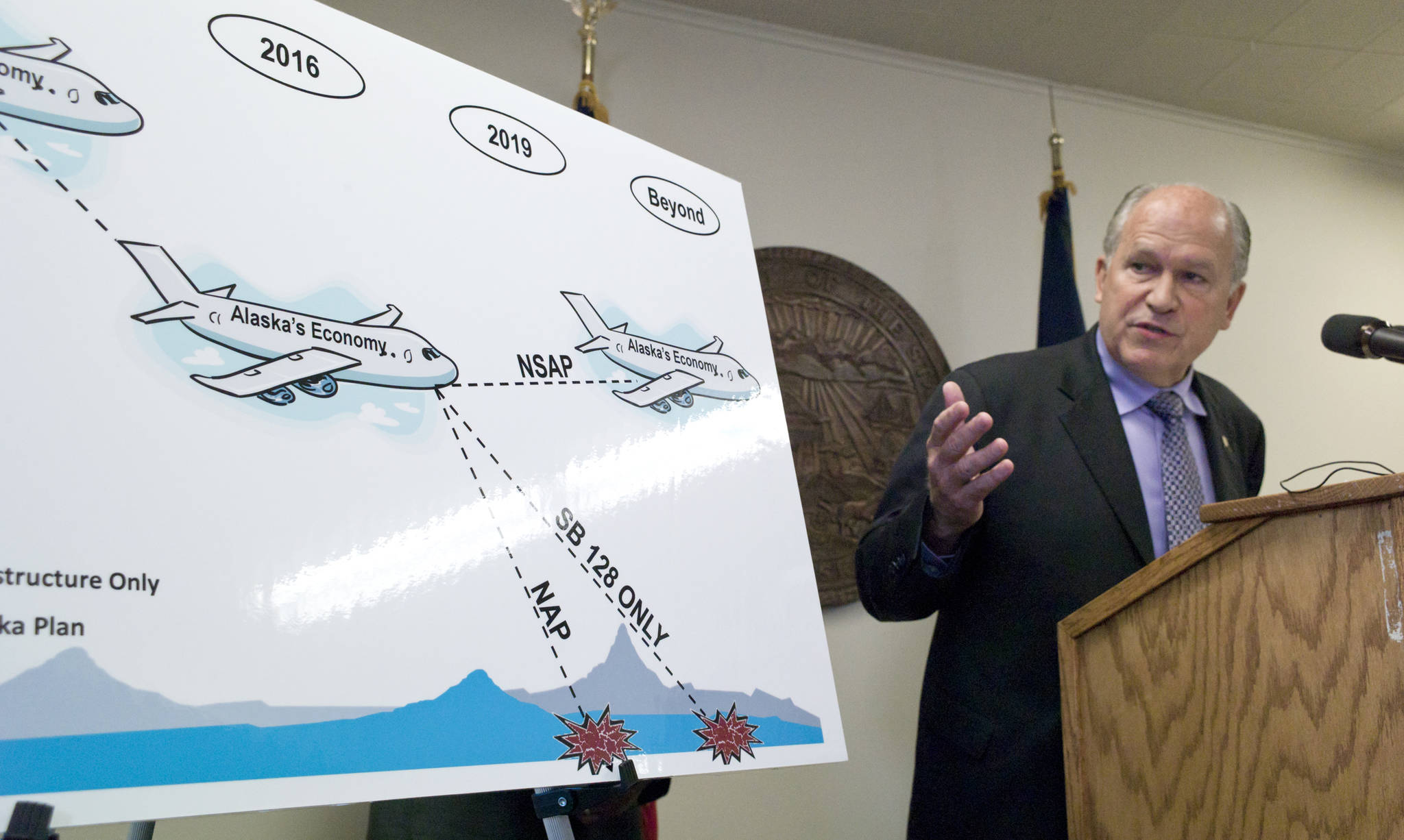 In this July 14, 2016 photo, Gov. Bill Walker points to a chart during a press conference that uses a crashing jet to show possible scenarios for Alaska economy if the legislature fails to act during its special session. (Michael Penn | Juneau Empire File)