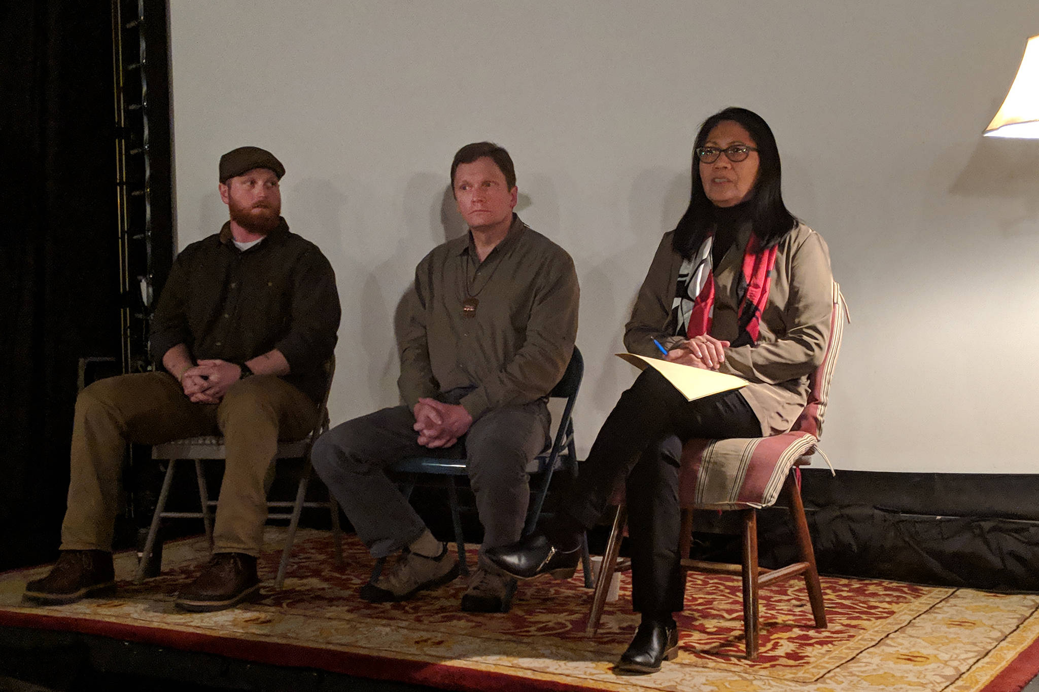 Luke Holton, University of Alaska associate professor of anthropology Dan Monteith, and Douglas Indian Association Council Member Barbara Cadiente-Nelson were part of a panel discussion after a screening of Bolton’s film, “Sayéik” Wednesday Nov. 28 at the Gold Town Nickelodeon. (Ben Hohenstatt | Capital City Weekly)