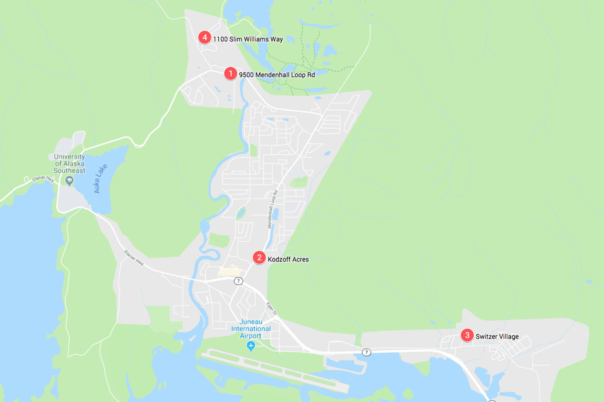 Four suspicious fires took place in the Mendenhall Valley and Lemon Creek areas this summer and Capital City Fire/Rescue personnel are still investigating them. The approximate sites of the fires are shown in this map, numbered chronologically. (Google Maps)