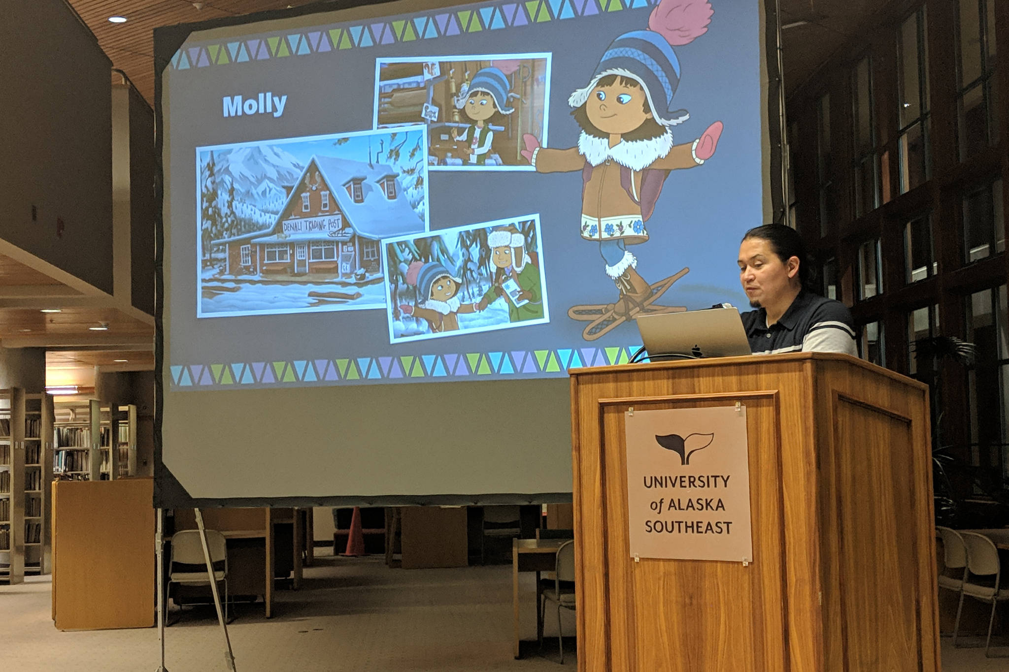 University of Alaska Southeast professor <span style="text-decoration: underline;">X</span>’unei Lance Twitchell filled in for the Evening at Egan presentation about “Molly of Denali” Friday, Nov. 30. Twitchell has had a hand in the program expected to premiere in the summer of 2019 as a consultant and writer. (Ben Hohenstatt | Capital City Weekly)