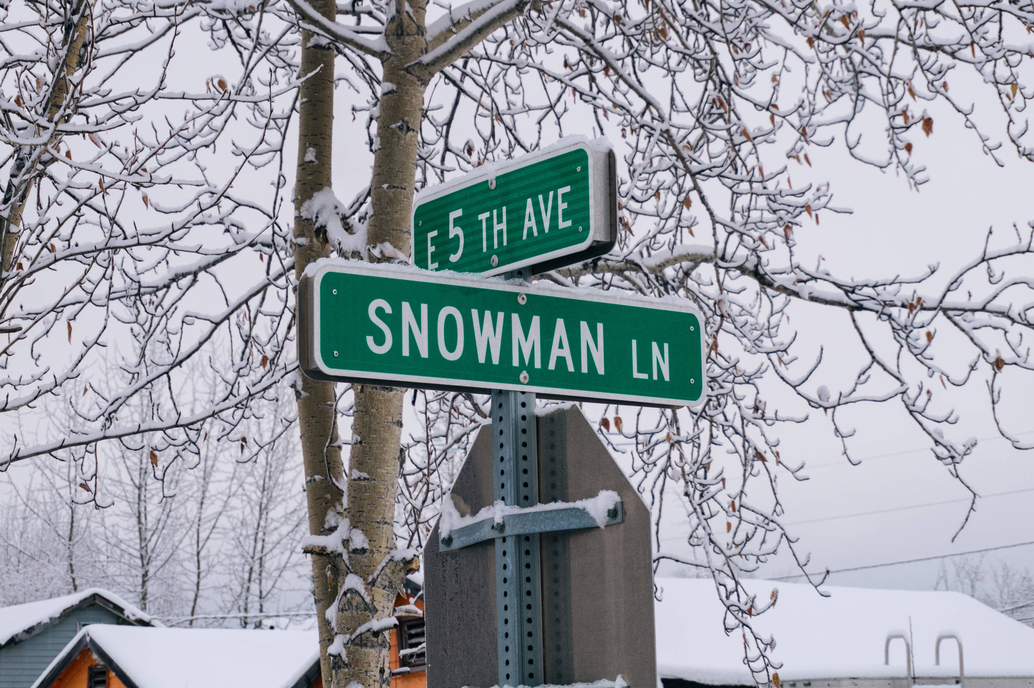 Snowman Lane street sign in North Pole Alaska. (Gabe Donohoe | For the Juneau Empire)