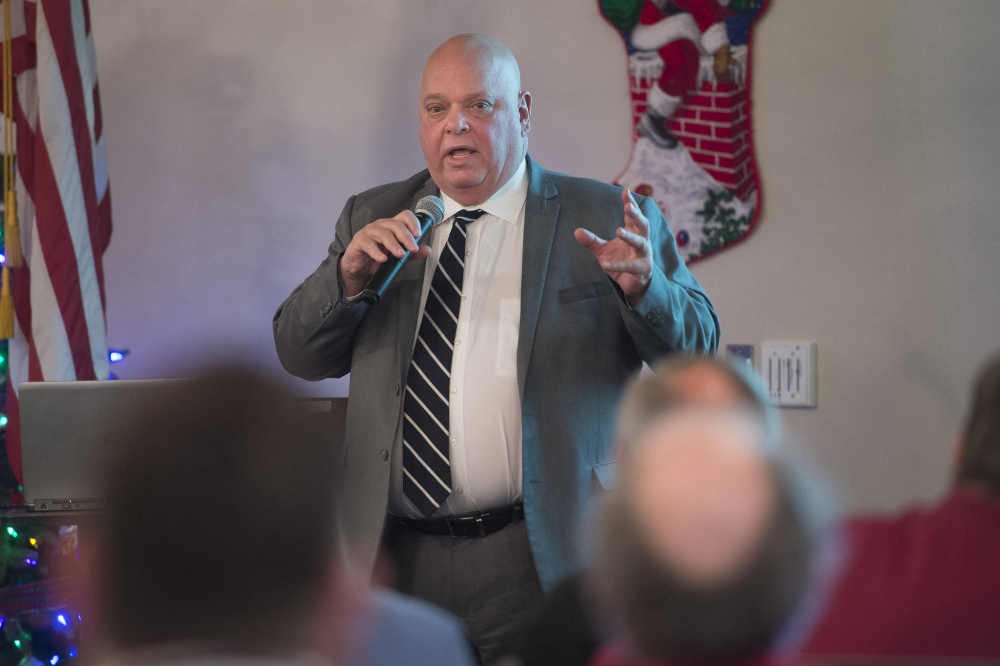 Chuck Wimberly, President & CEO of Goldbelt Inc., speaks to the Juneau Chamber of Commerce during its weekly luncheon at the Moose Lodge on Thursday, Dec. 6, 2018. (Michael Penn | Juneau Empire)