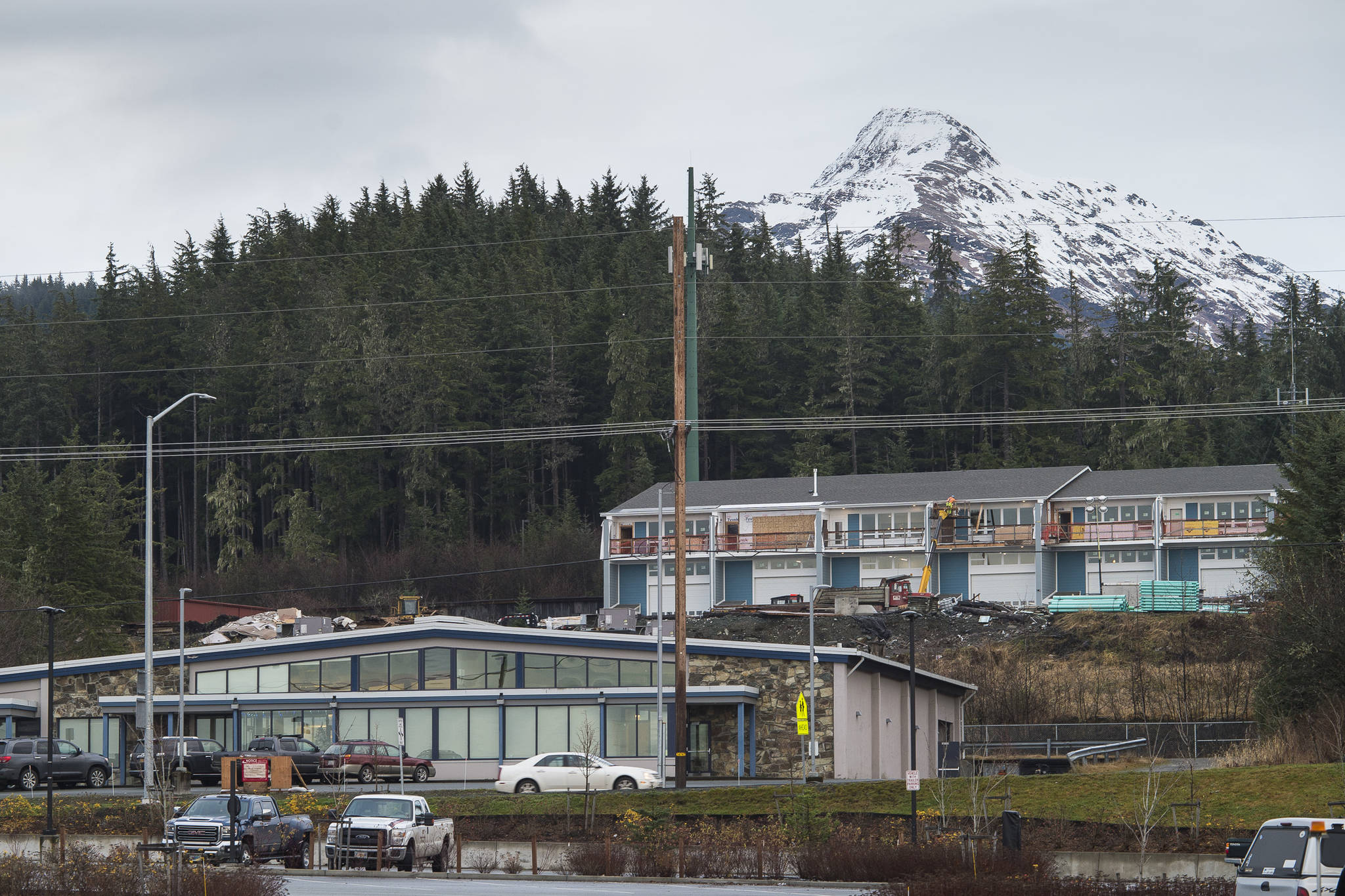 Businesses, schools, churches and public facilities line Veterans Memorial Highway running through Auke Bay on Wednesday, Nov. 28, 2018. The Planning Commissions Auke Bay Implementation Committee is in the midst of drafting an ordinance to create a Community Mixed Use zoning district and an Auke Bay Overlay district. (Michael Penn | Juneau Empire)