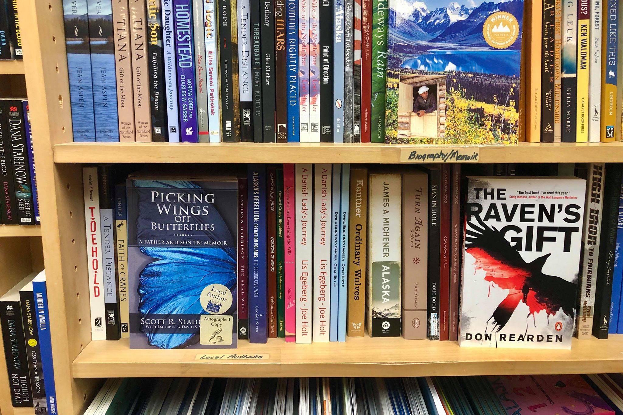 At River City Books, shoppers can easily find books written by local authors by perusing the local author shelf in the store’s Alaska section, on Friday, Dec. 14, 2018, in Soldotna, Alaska. (Victoria Petersen | Peninsula Clarion)