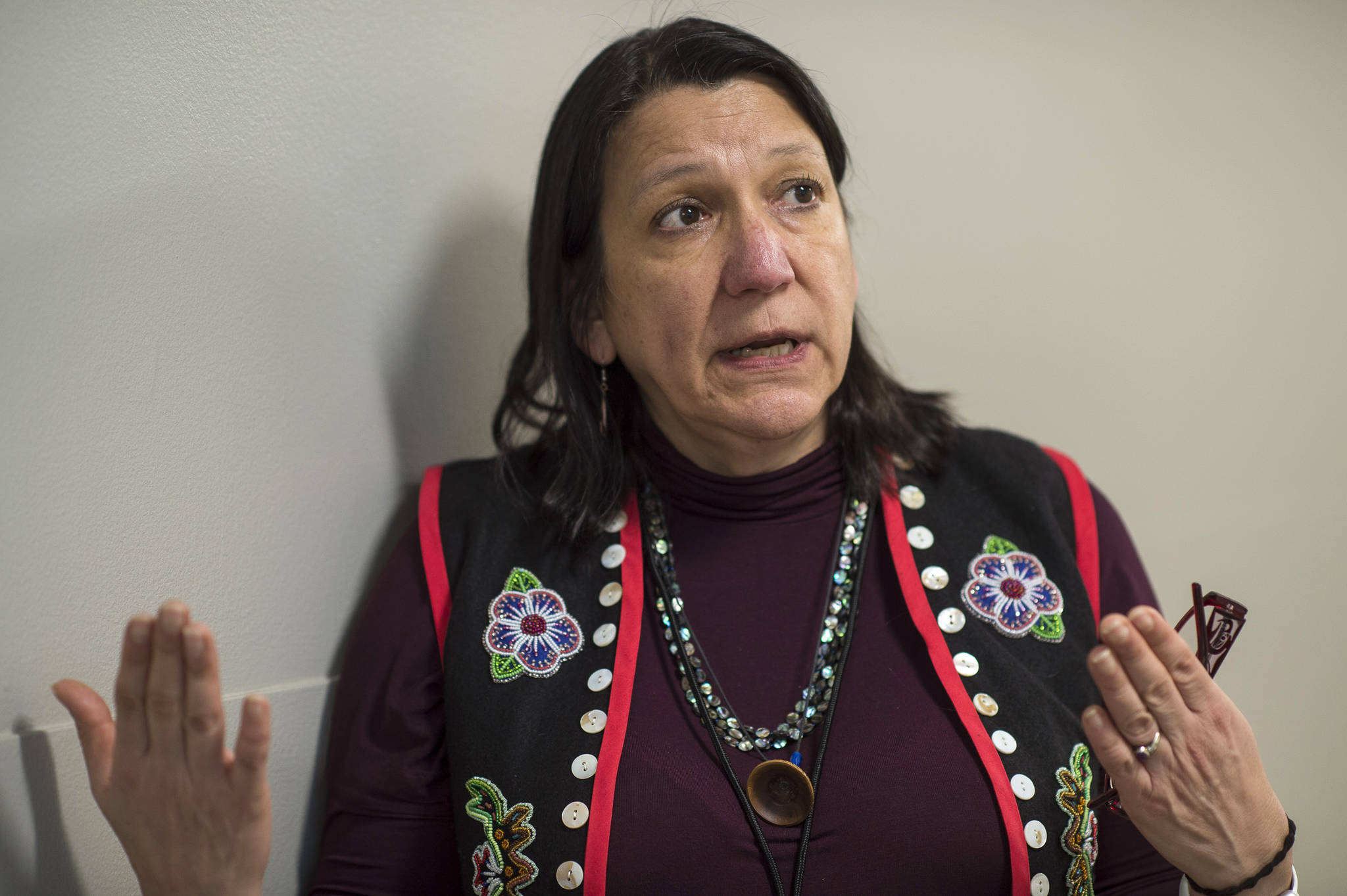 Michelle Demmert, chief justice of the CCTHITA Tribal Court, talks about the Tribal Court Roundup held at the Elizabeth Peratrovich Hall on Friday, Dec. 14, 2018. (Michael Penn | Juneau Empire)