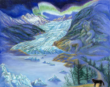 “Mendenhall Night Magic” by Dianne Anderson illustrates the glacier textures and Alaskan wildlife that have become part of her artwork. Anderson said she is looking forward to painting other sorts of scenes once she retires as a professional artist in Juneau. (Courtesy Photo | Dianne Anderson)