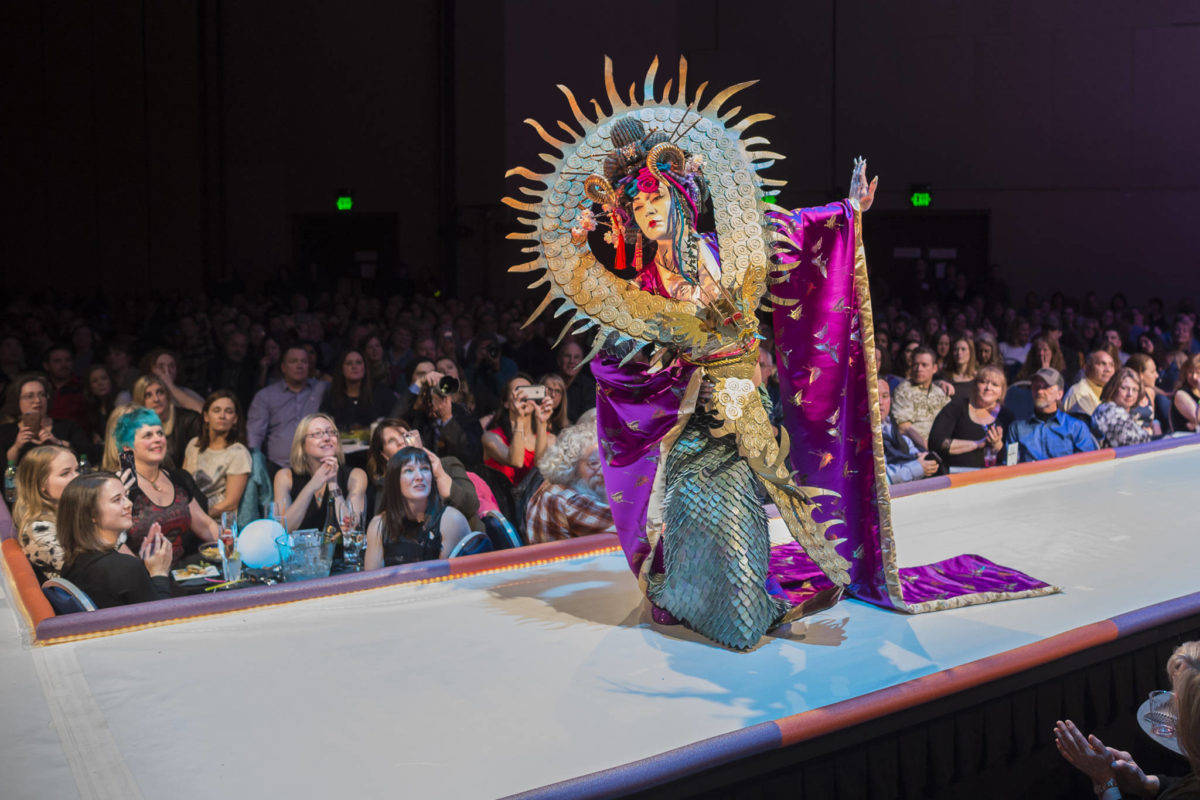 “Doragon” by Beth Bolander, modeled by Dani Gross, at the Wearable Art Show at Centennial Hall on Saturday, Feb. 17, 2018. Doragon placed third in the Juror’s Best in Show. It also drew criticism as cultural appropriation, which led to some guidelines for this year’s fashion show. (Michael Penn | Juneau Empire)
