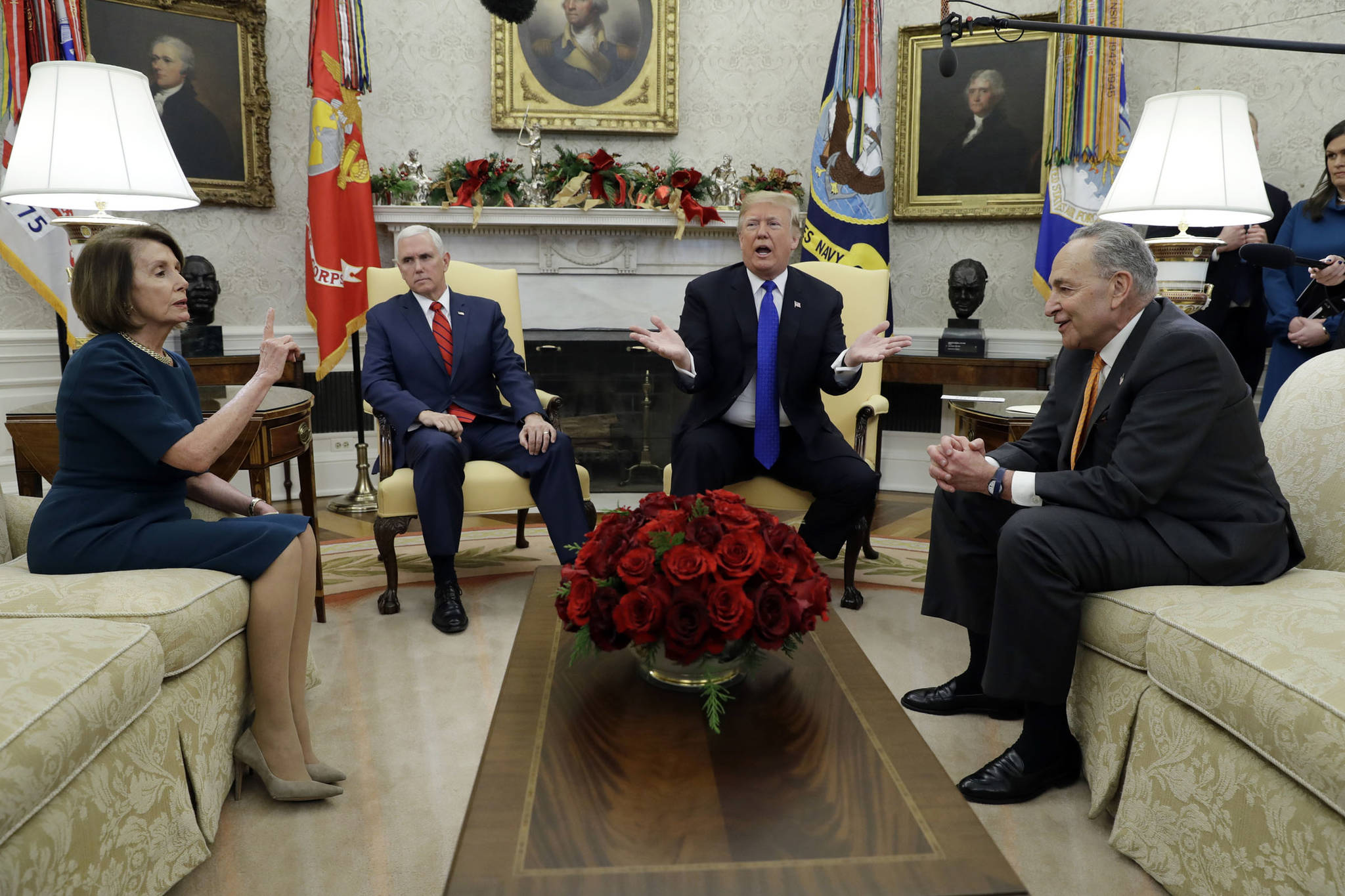 President Donald Trump and Vice President Mike Pence, second left, meet with Senate Minority Leader Chuck Schumer, D-N.Y., right, and House Minority Leader Nancy Pelosi, D-Calif., in the Oval Office of the White House on Tuesday, Dec. 11, 2018 in Washington, D.C. (Evan Vucci | Associated Press File)