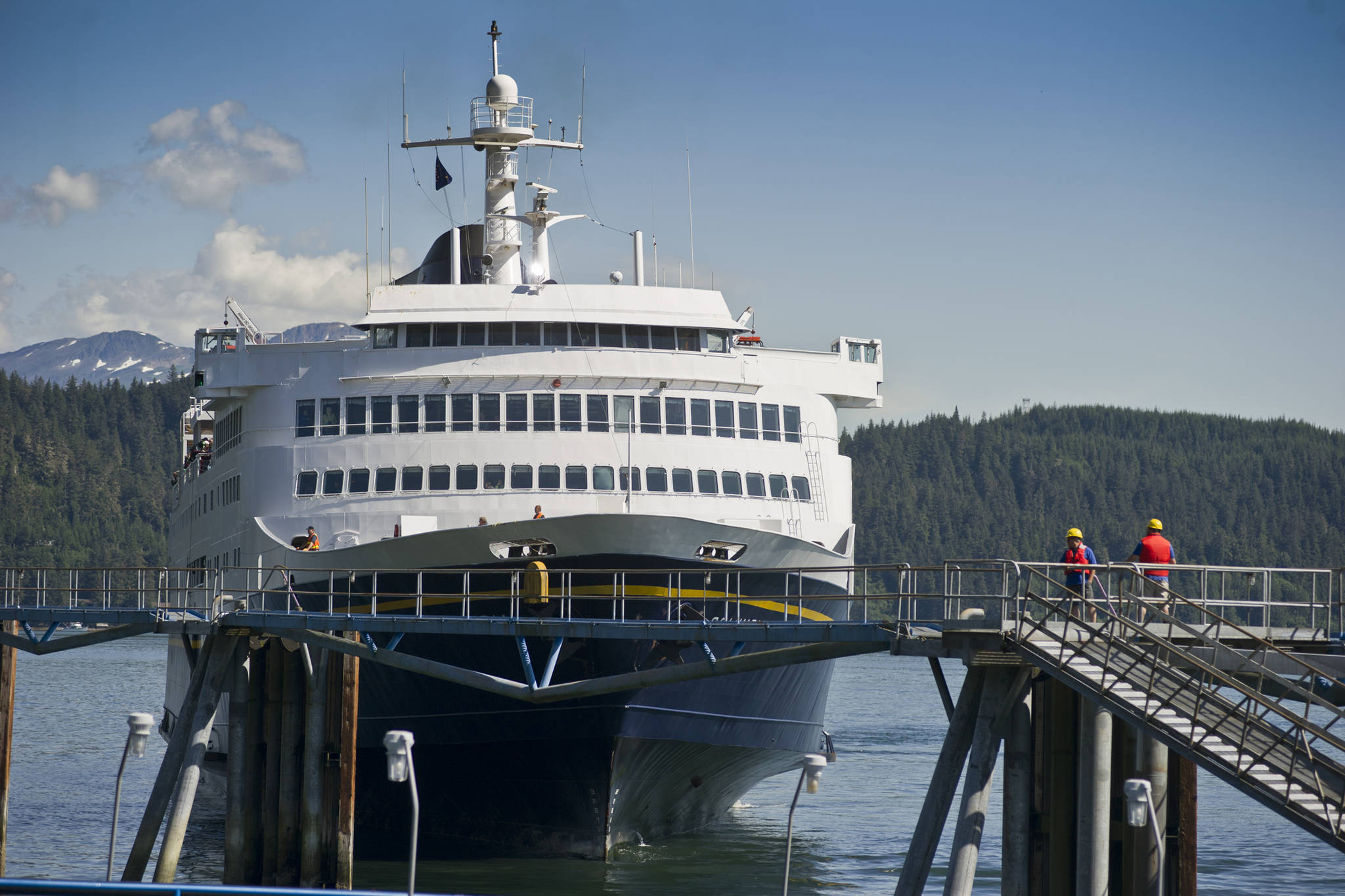 In this July 2015 photo, the Alaska Marine Highway’s Columbia approaches the Juneau terminal in Auke Bay. (Michael Penn | Juneau Empire File)