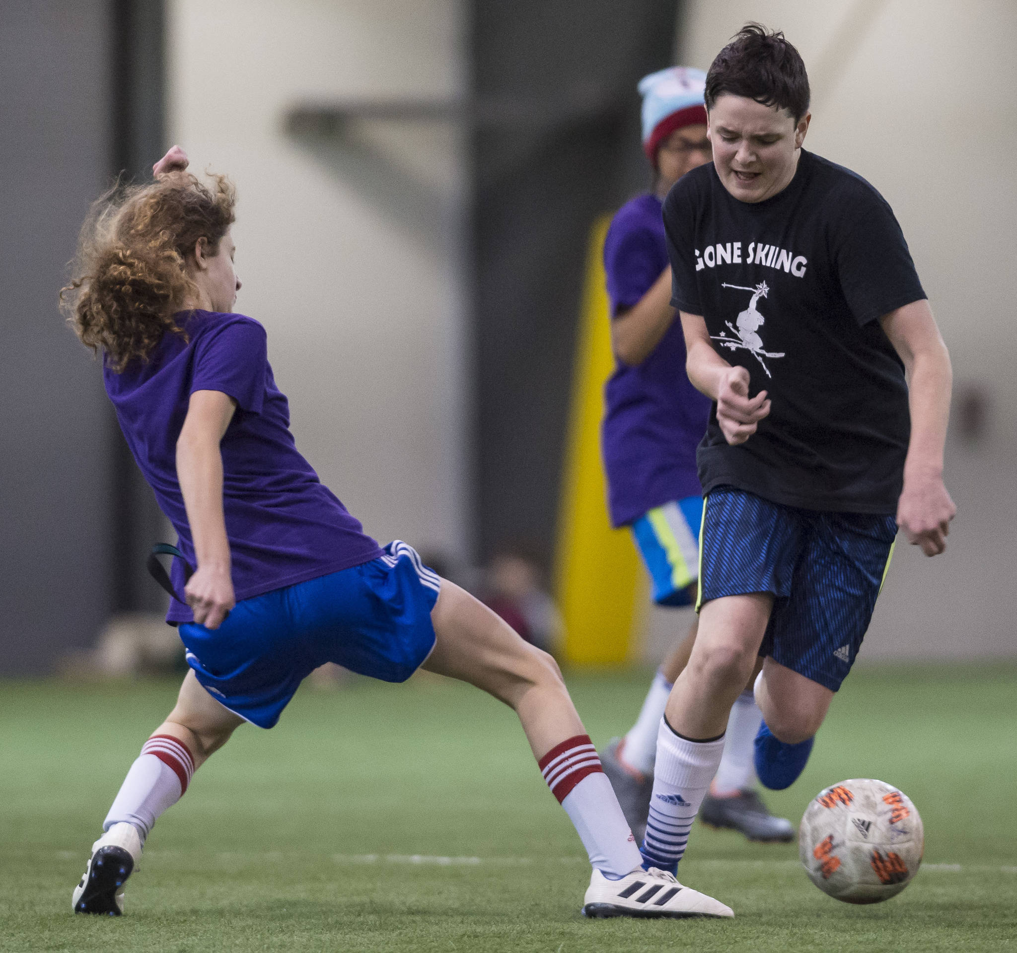 Grumpsicles play against Gone Skiing at the annual Holiday Cup Soccer Tournament at the Wells Fargo Dimond Park Field House on Wednesday, Dec. 26, 2018. (Michael Penn | Juneau Empire)
