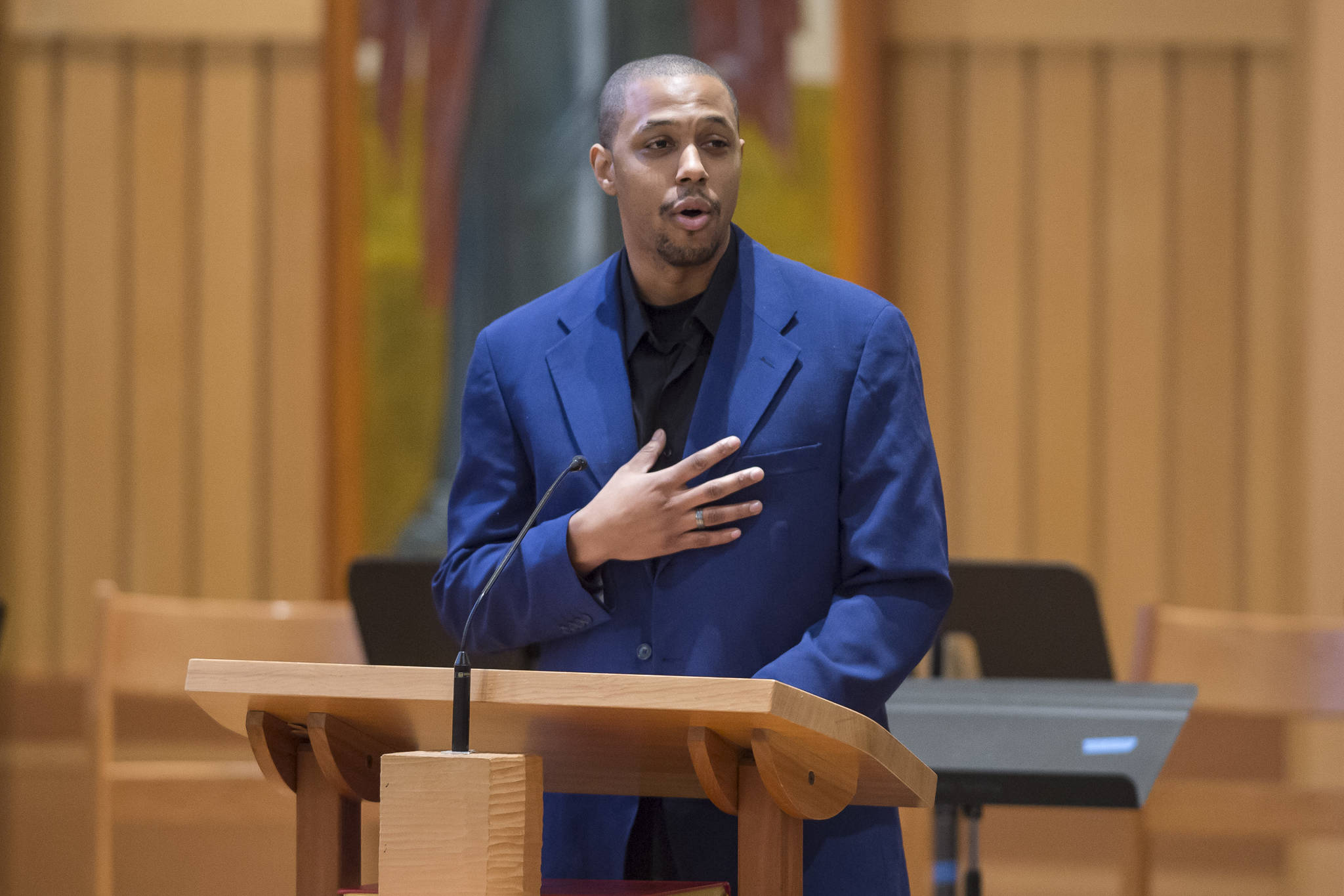 Michael Patterson, of the Black Awareness Association, speaks at the Dr. Martin Luther King Jr. 2019 Community Celebration at St. Paul’s Catholic Church on Monday, Jan. 21, 2019. (Michael Penn | Juneau Empire)