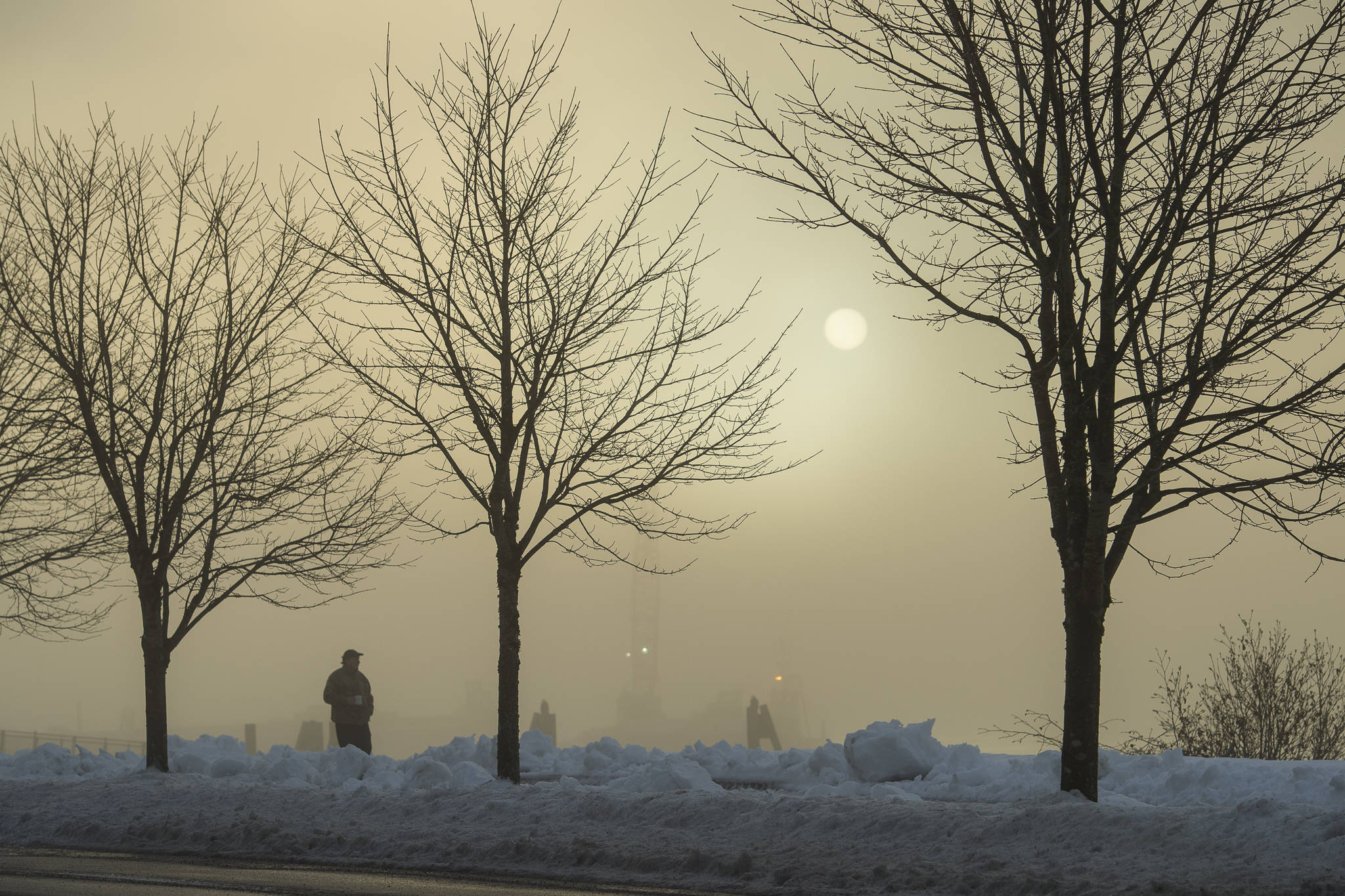 Kurt West takes a walk along Channel Drive as the sun rises on Tuesday, Jan. 15, 2019. (Michael Penn | Juneau Empire)